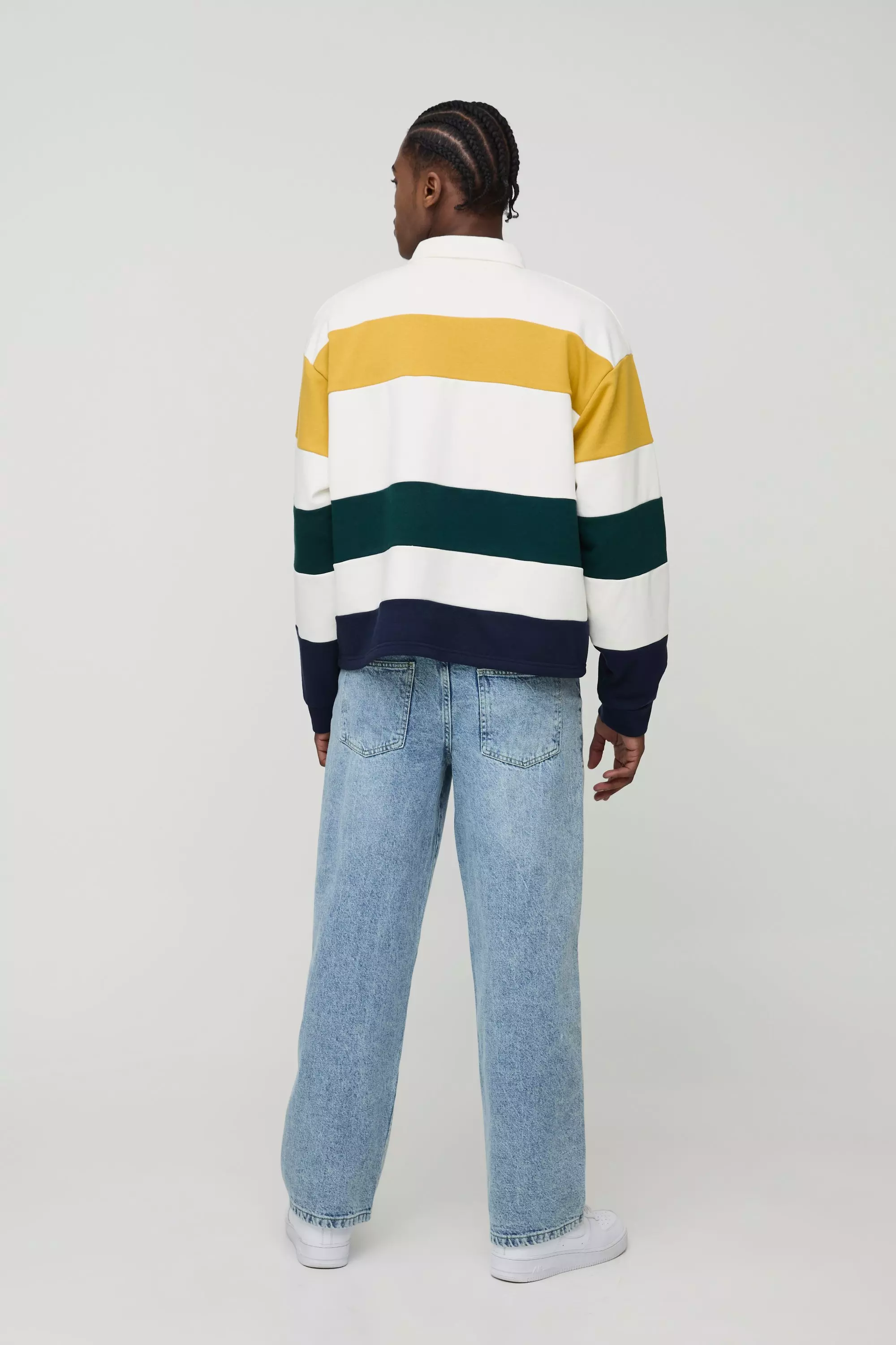Oversized Boxy Stripe Embroidered Rugby Polo Sweatshirt | boohooMAN USA