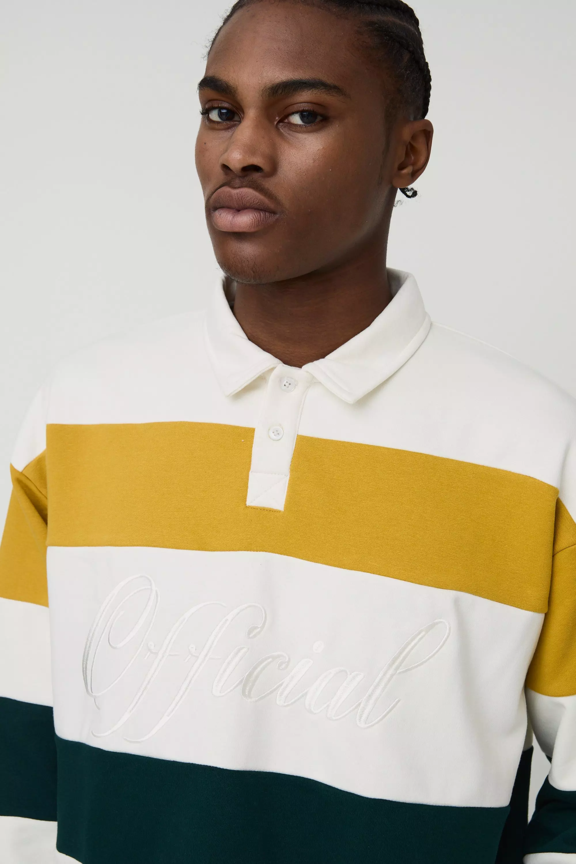 Oversized Boxy Stripe Embroidered Rugby Polo Sweatshirt | boohooMAN USA