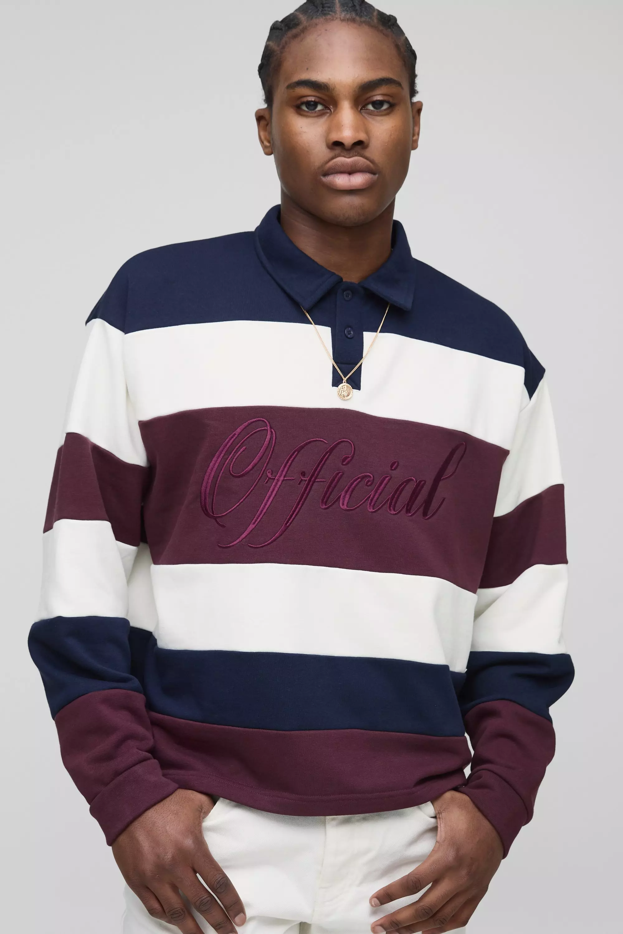 Oversized Boxy Stripe Embroidered Rugby Polo Sweatshirt | boohooMAN USA