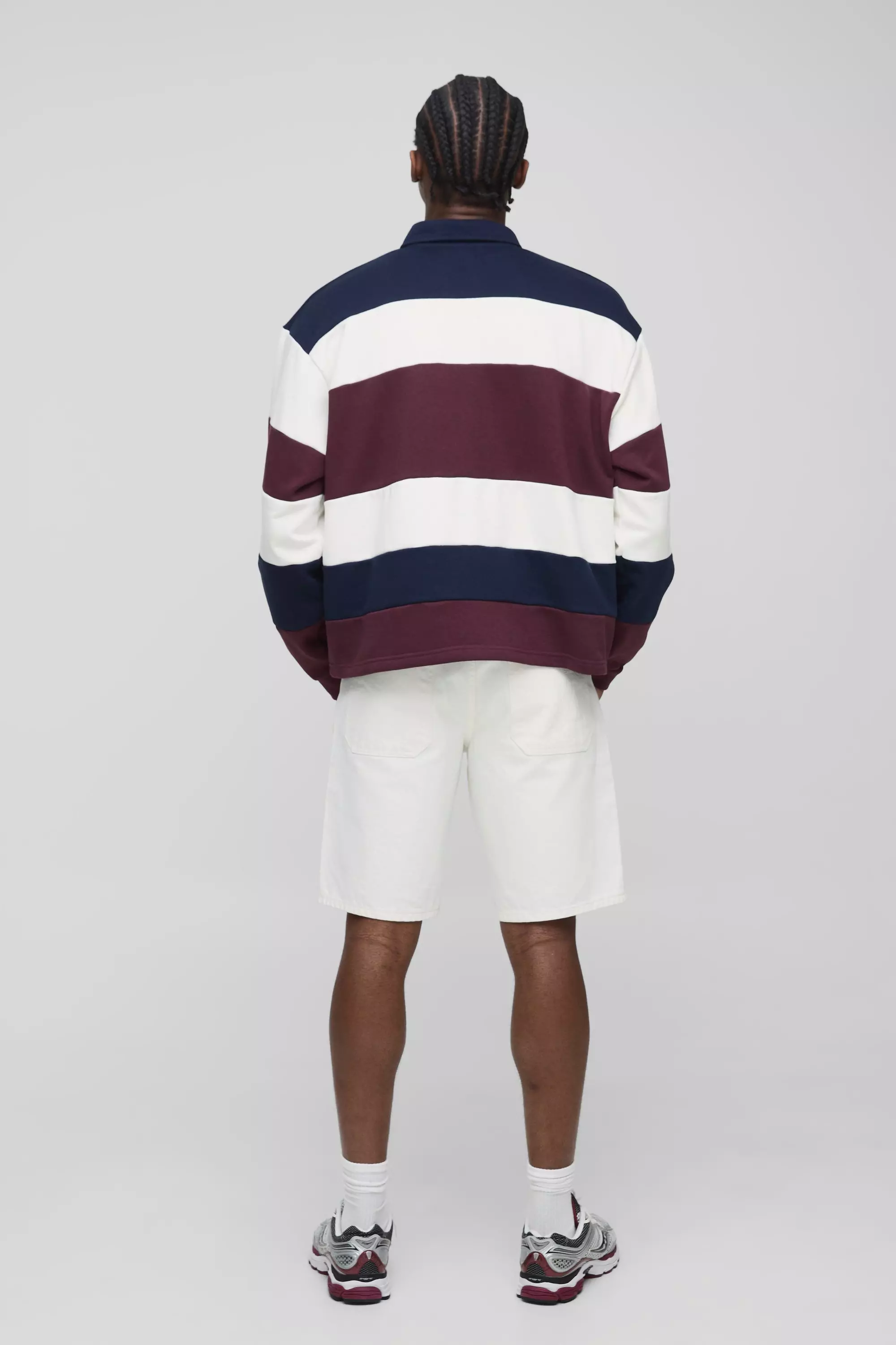 Oversized Boxy Stripe Embroidered Rugby Polo Sweatshirt | boohooMAN USA