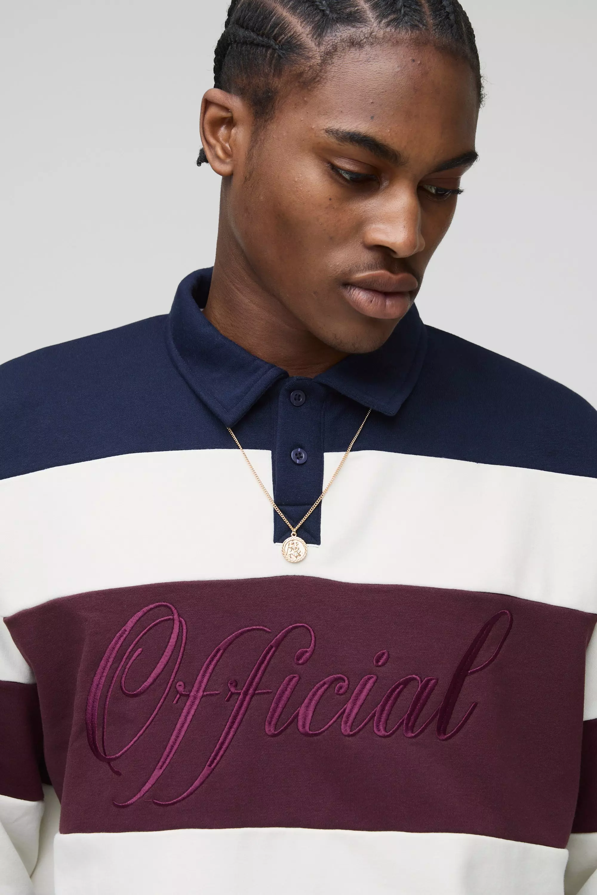 Oversized Boxy Stripe Embroidered Rugby Polo Sweatshirt | boohooMAN USA