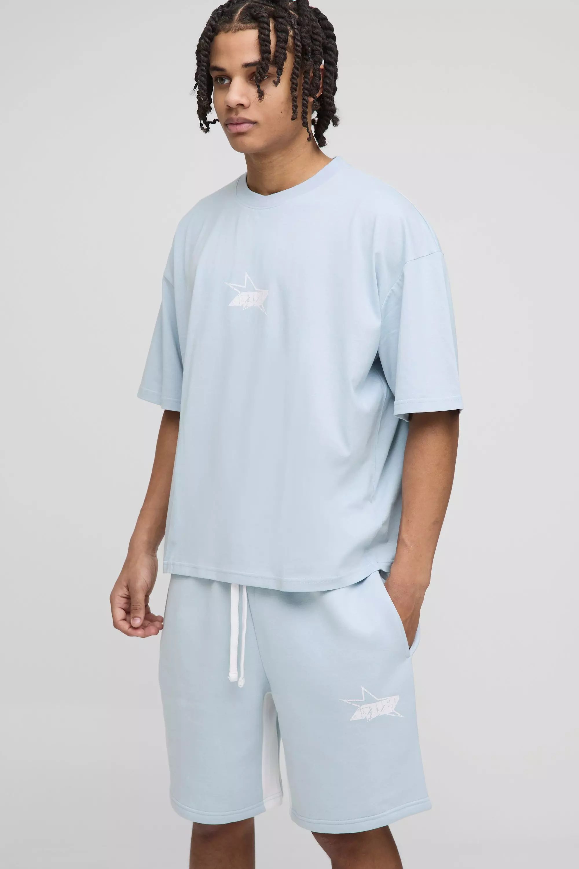 Oversized Boxy M Star T-Shirt & Gusset Short Set Light blue