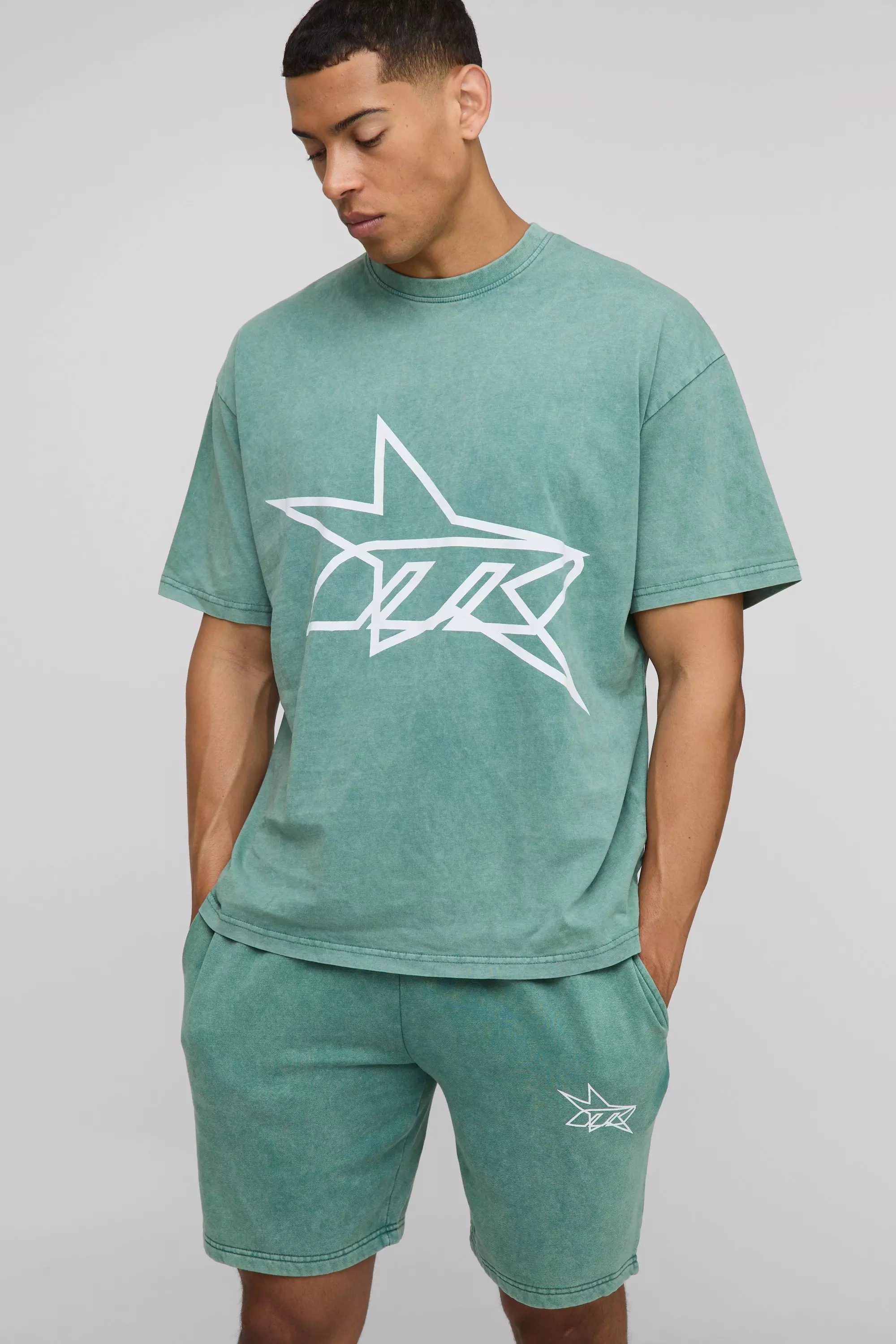 Oversized M Star Washed T-Shirt & Short Set Green