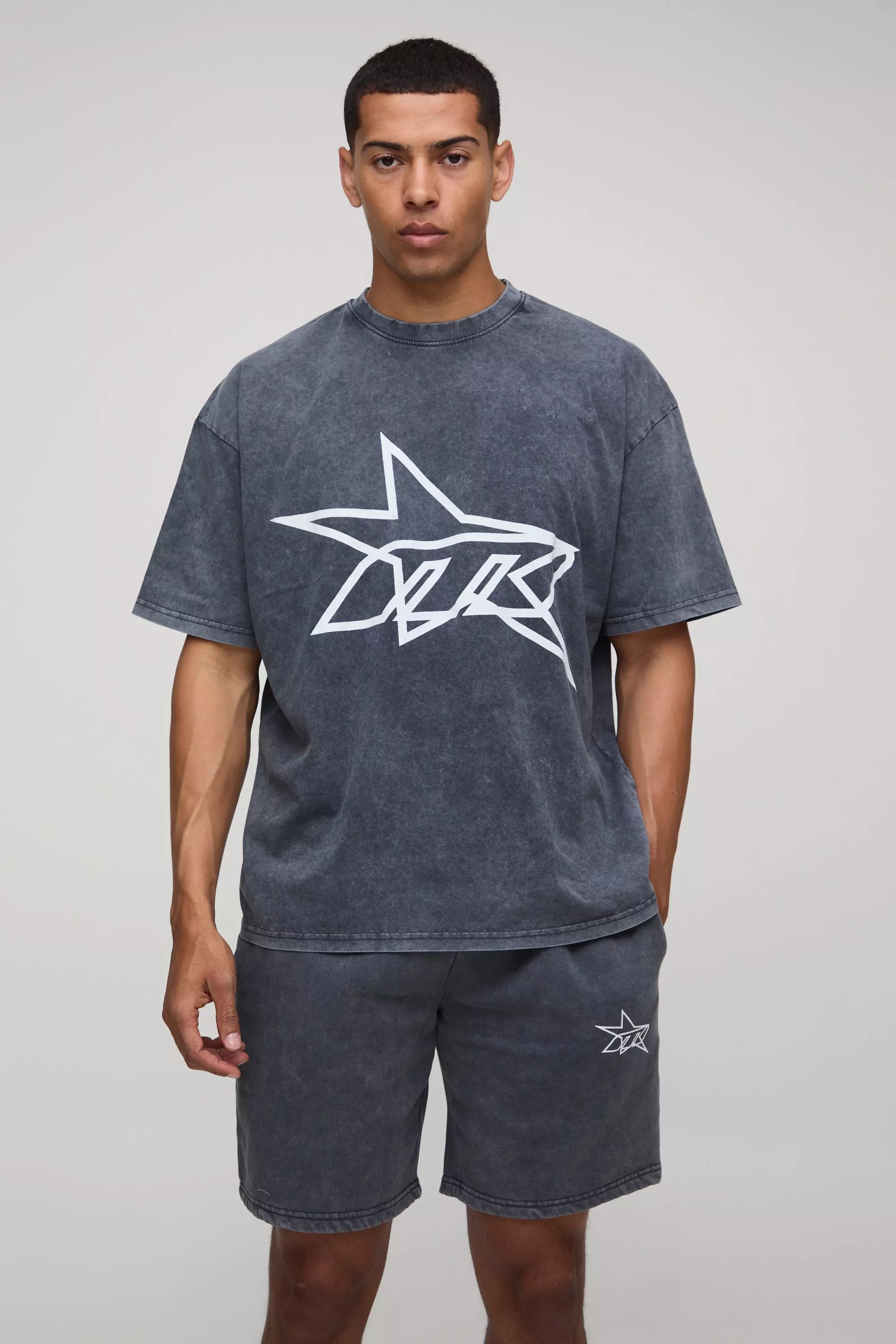 Oversized M Star Washed T-Shirt & Short Set Charcoal