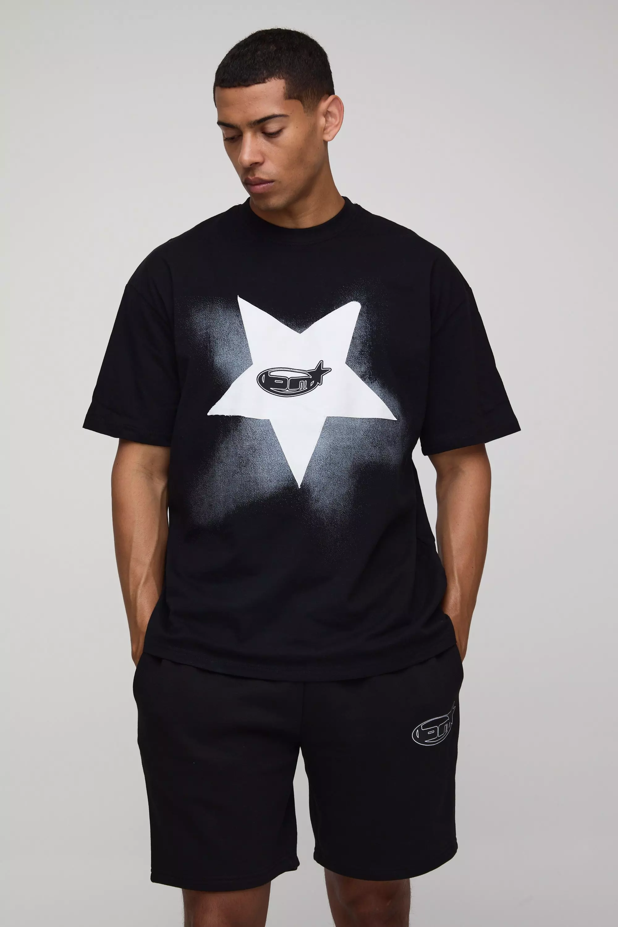 Oversized BM Applique Star T-Shirt & Short Set Black