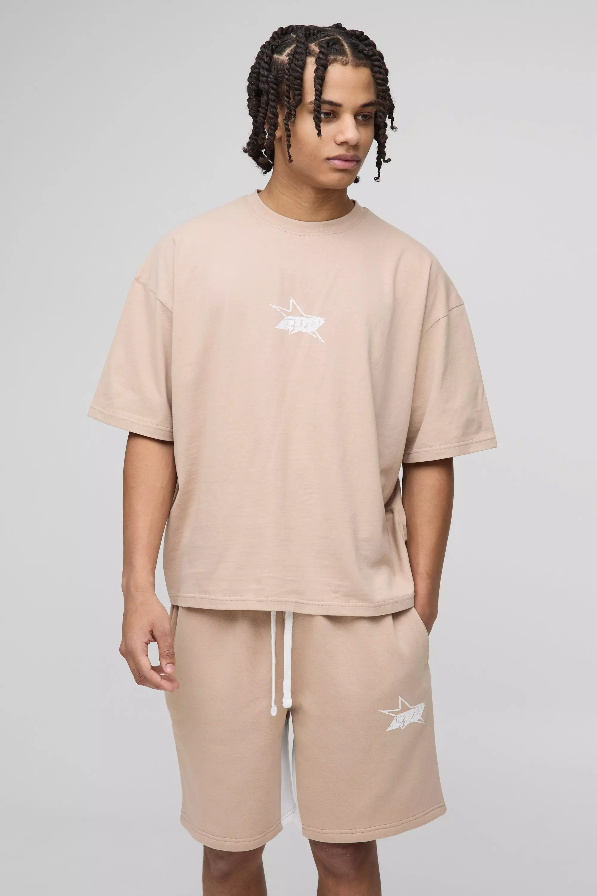 Oversized Boxy M Star T-Shirt & Gusset Short Set Taupe
