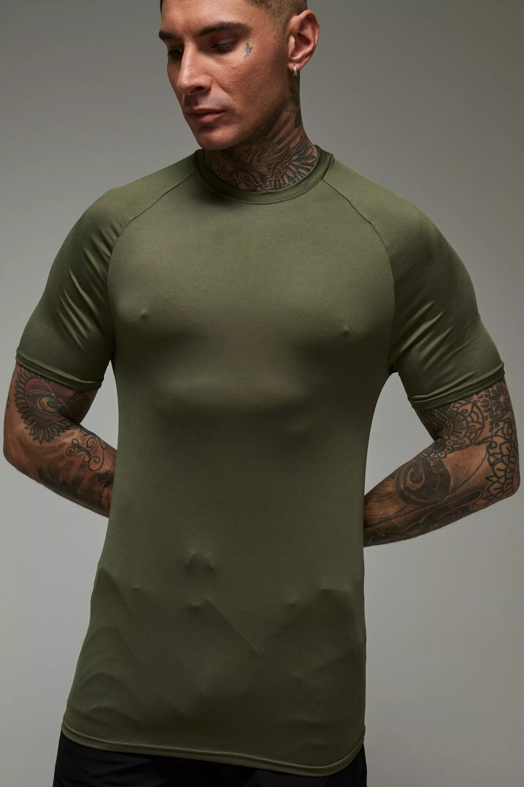 Tall Man Active Lightweight Essentials Gym Muscle Fit Raglan T-shirt Khaki