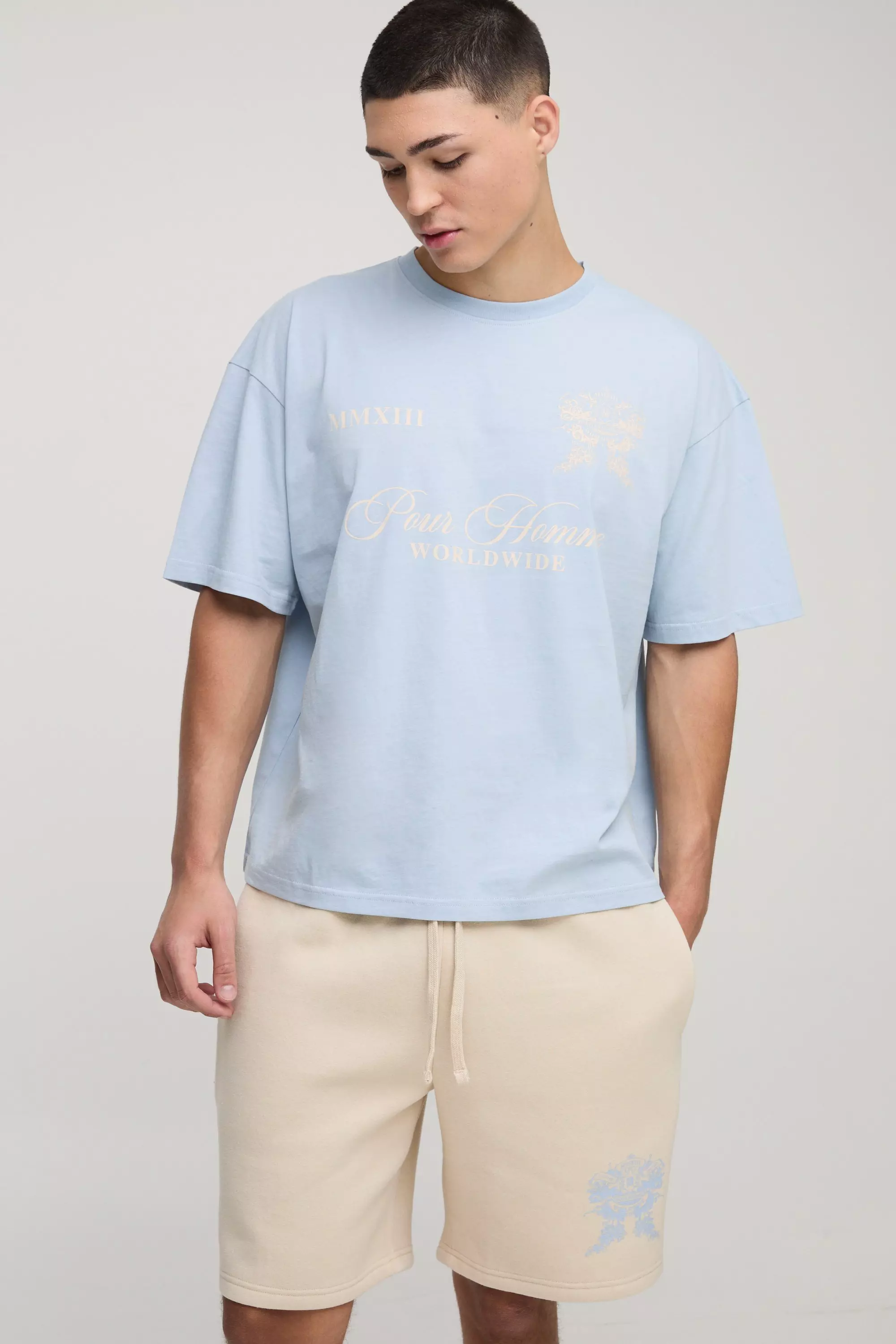 Light blue Oversized Boxy Homme Embroidered T-Shirt & Short Set alternative image