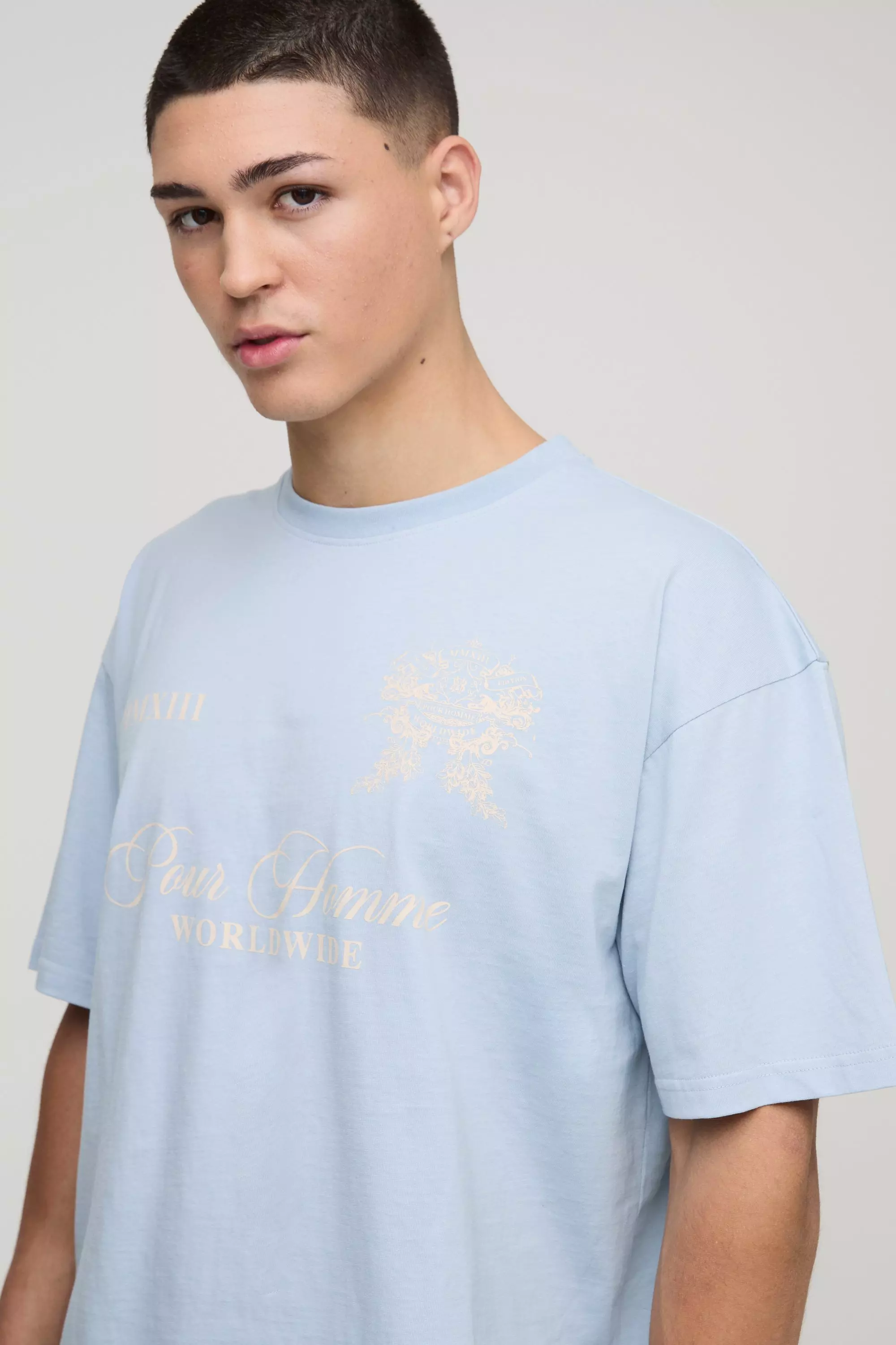 Light blue Oversized Boxy Homme Embroidered T-Shirt & Short Set alternative image