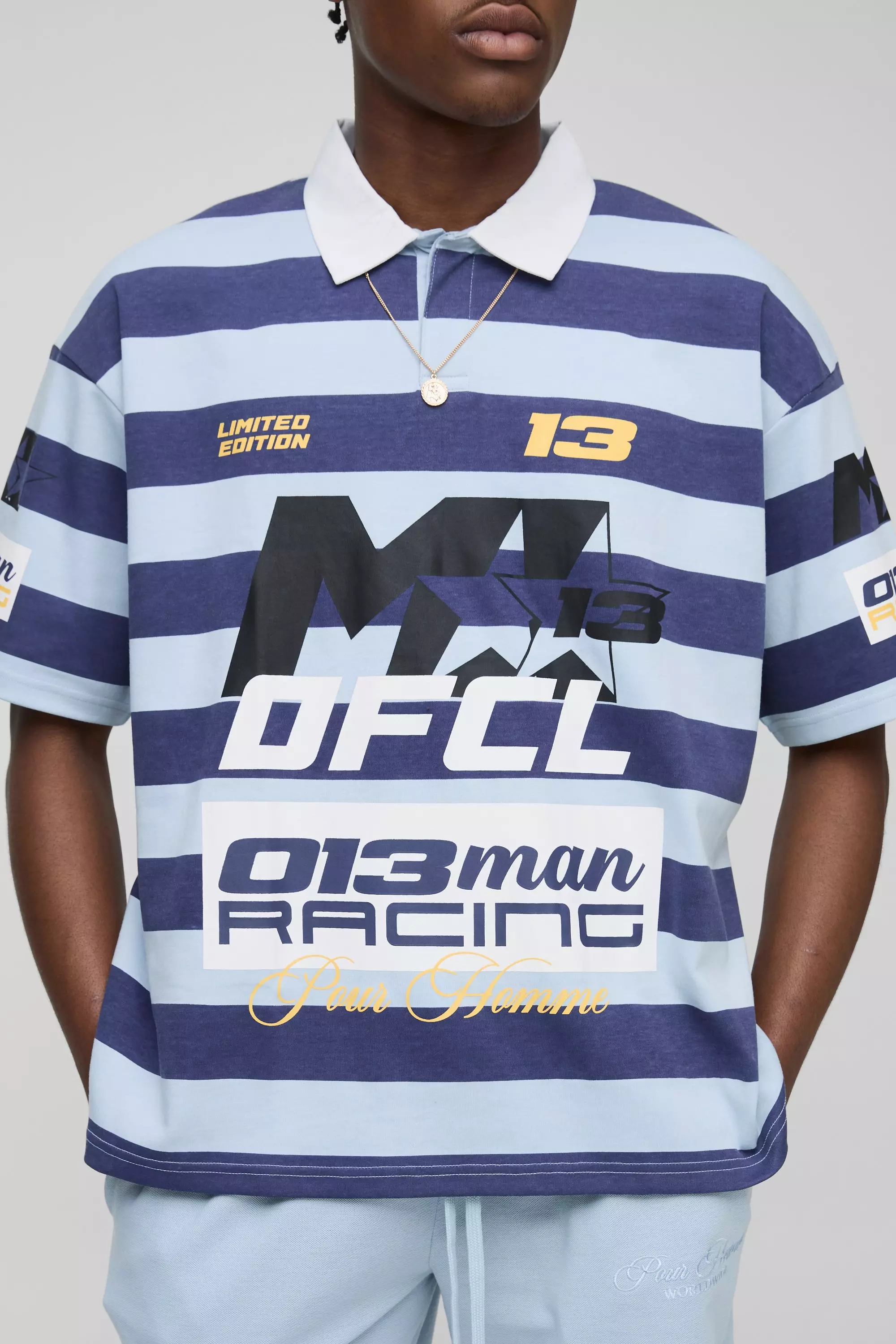 Oversized Moto Graphic Stripe Rugby Polo | boohooMAN USA