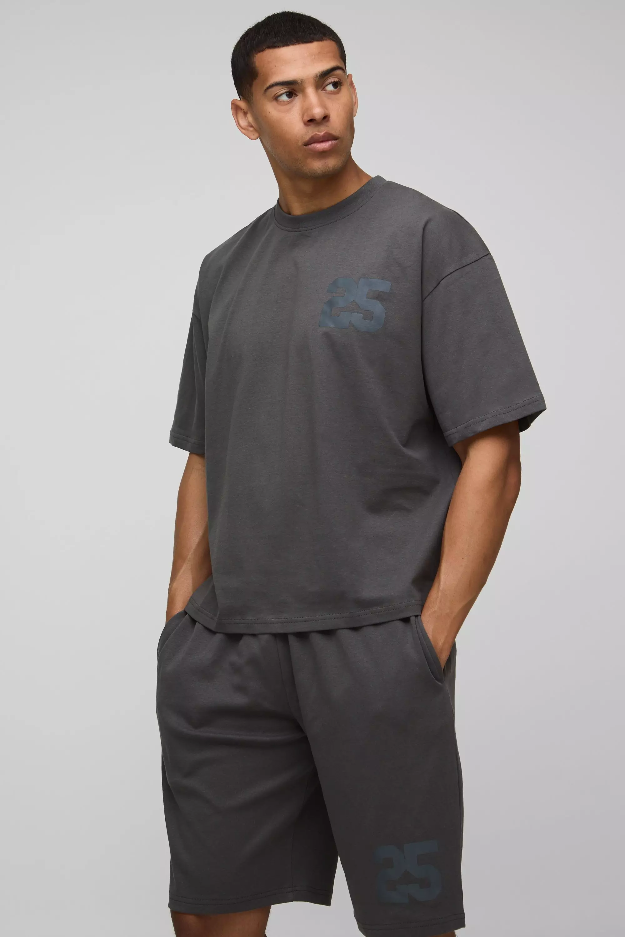 Oversized Boxy 25 Varsity Graphic T-Shirt & Short Set Charcoal