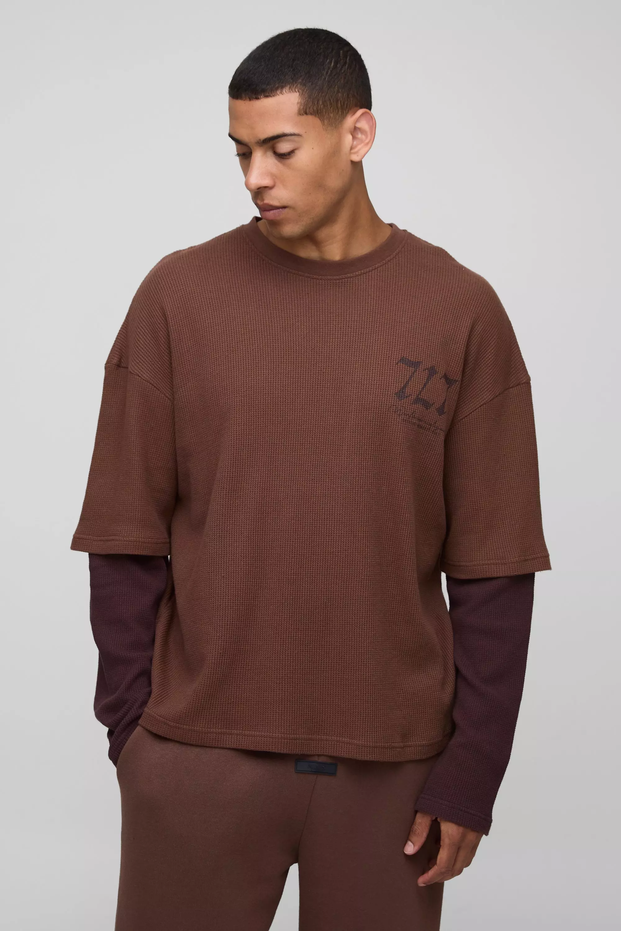 Oversized Boxy Tonal Print Raglan Faux Layer Sleeve Waffle T-Shirt Chocolate