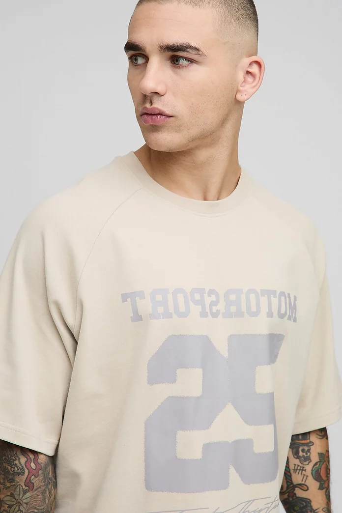 Oversized Boxy Extended Neck 25 Varsity Tonal Printed Raglan Oversized Boxy Extended Neck 25 Varsity Tonal Printed Raglan