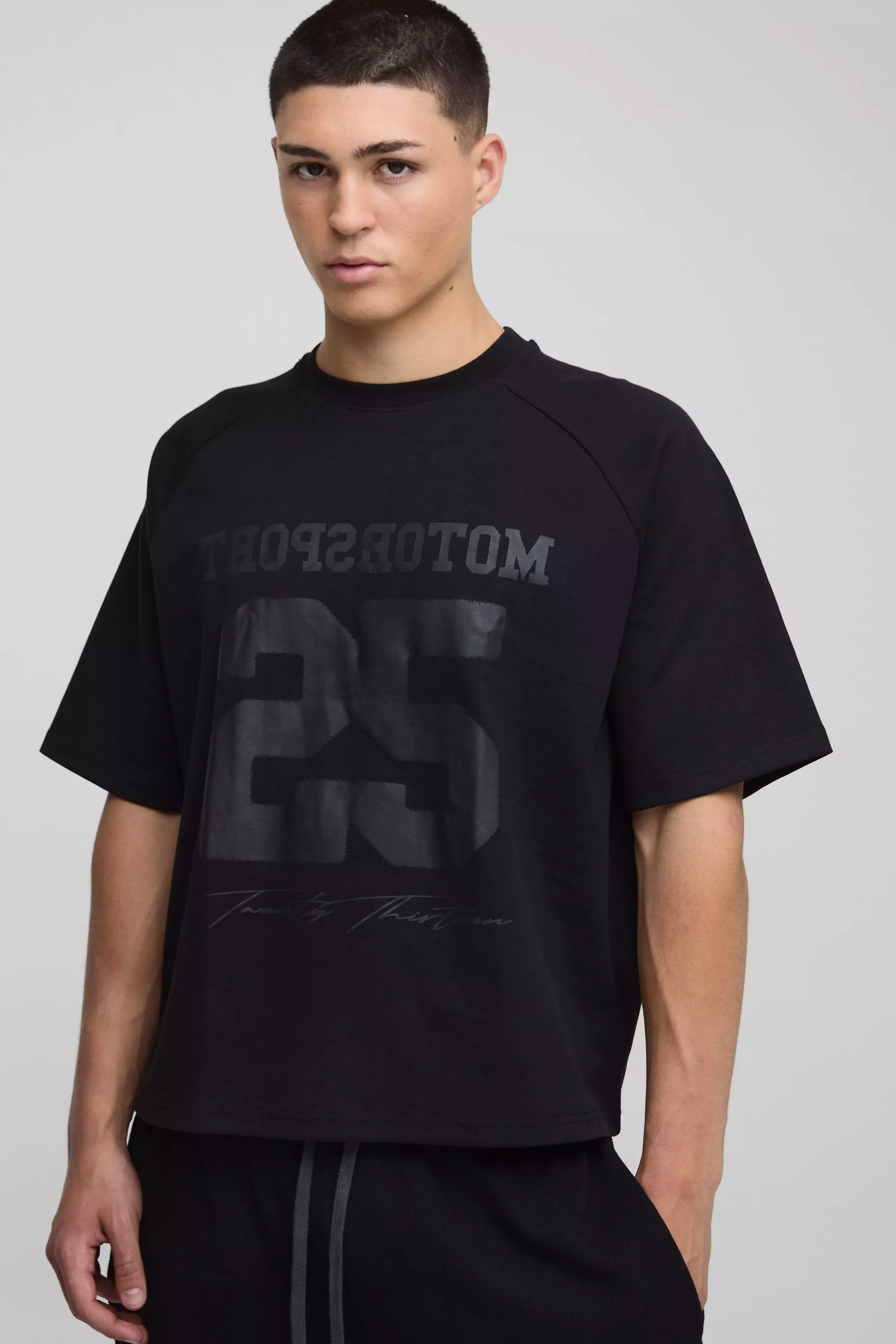 Oversized Boxy Extended Neck 25 Varsity Tonal Printed Raglan T-Shirt | boohooMAN