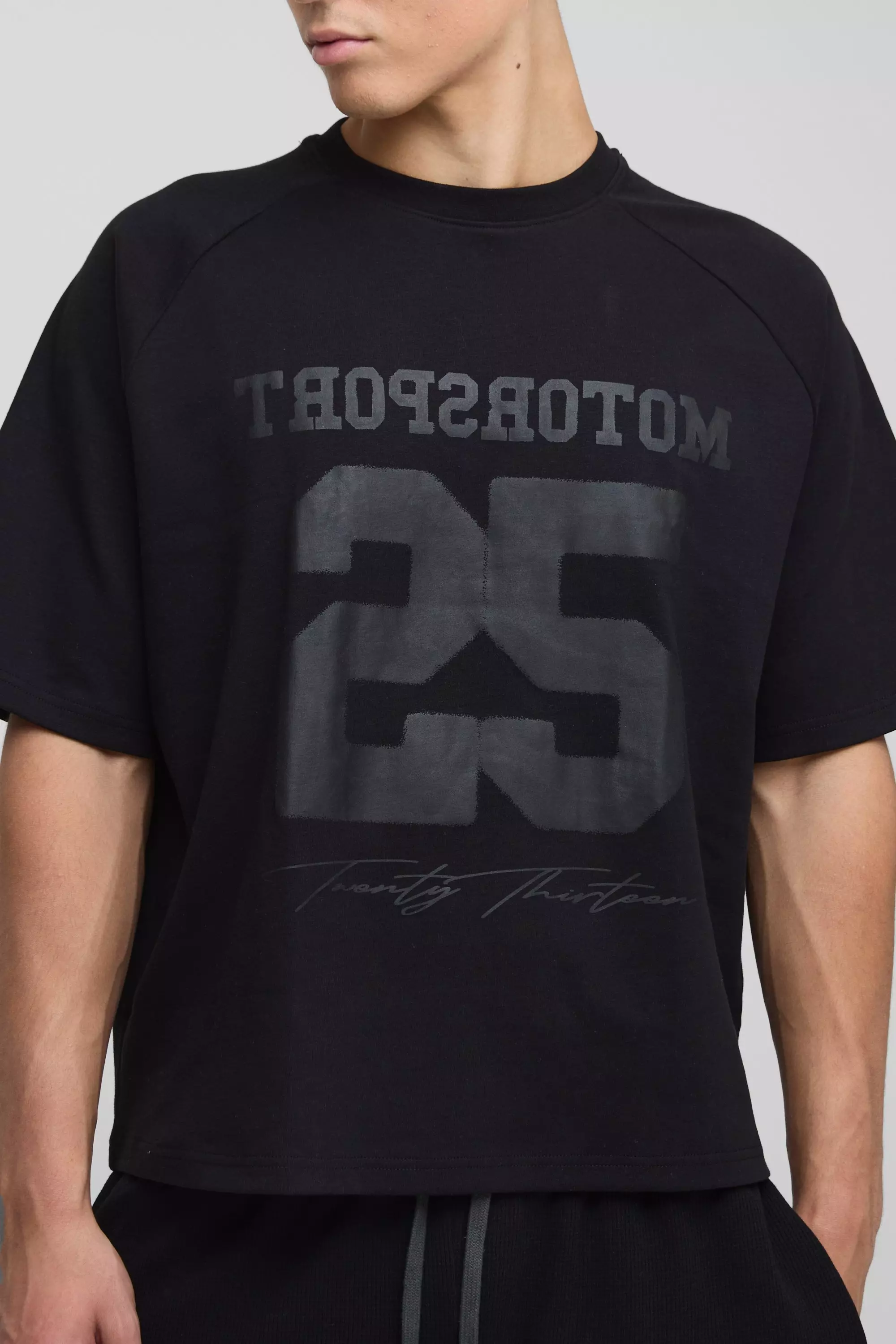 Oversized Boxy Extended Neck 25 Varsity Tonal Printed Raglan T-Shirt | boohooMAN