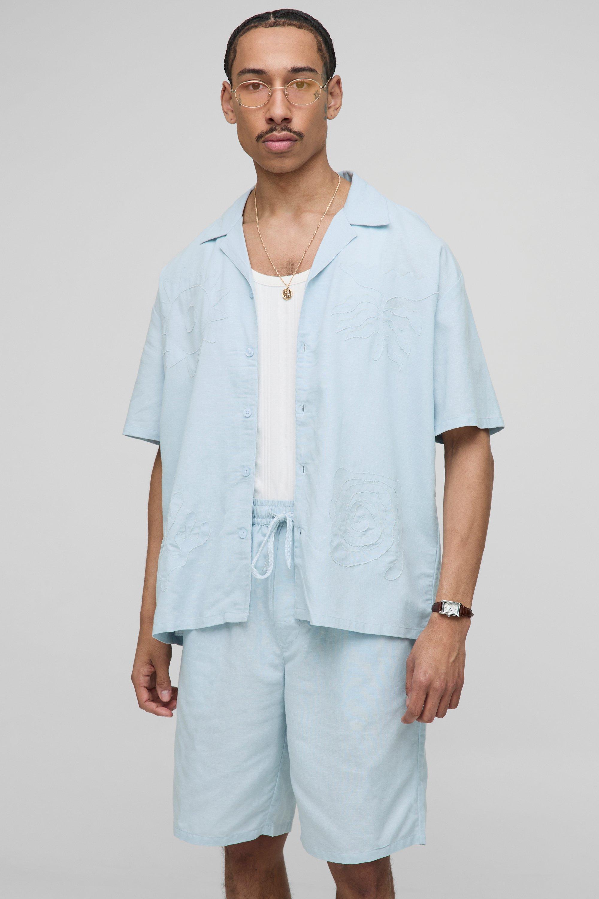 Oversized Linen Blend Organza Shirt & Relaxed Short Set | boohooMAN UK
