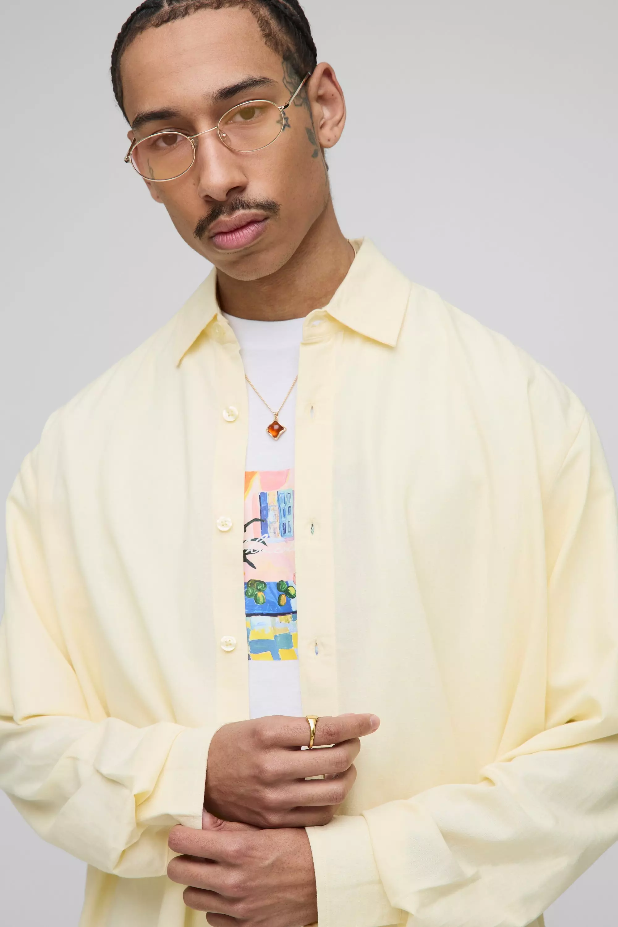 Yellow Super Oversized Linnen Blouse Met Geplooide Rug alternatieve afbeelding