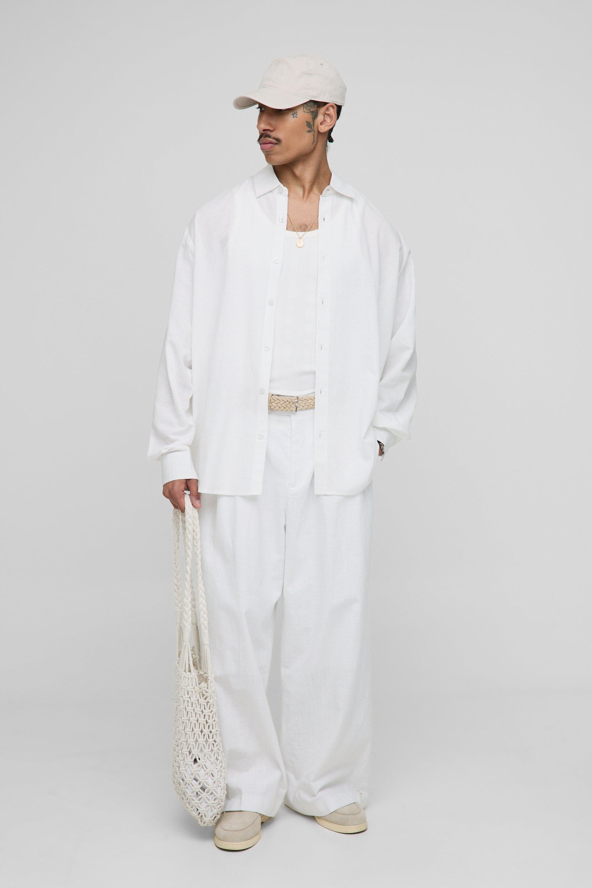 Super Oversized Linen Blend Pleated Back Shirt & Baggy Trouser | boohooMAN USA