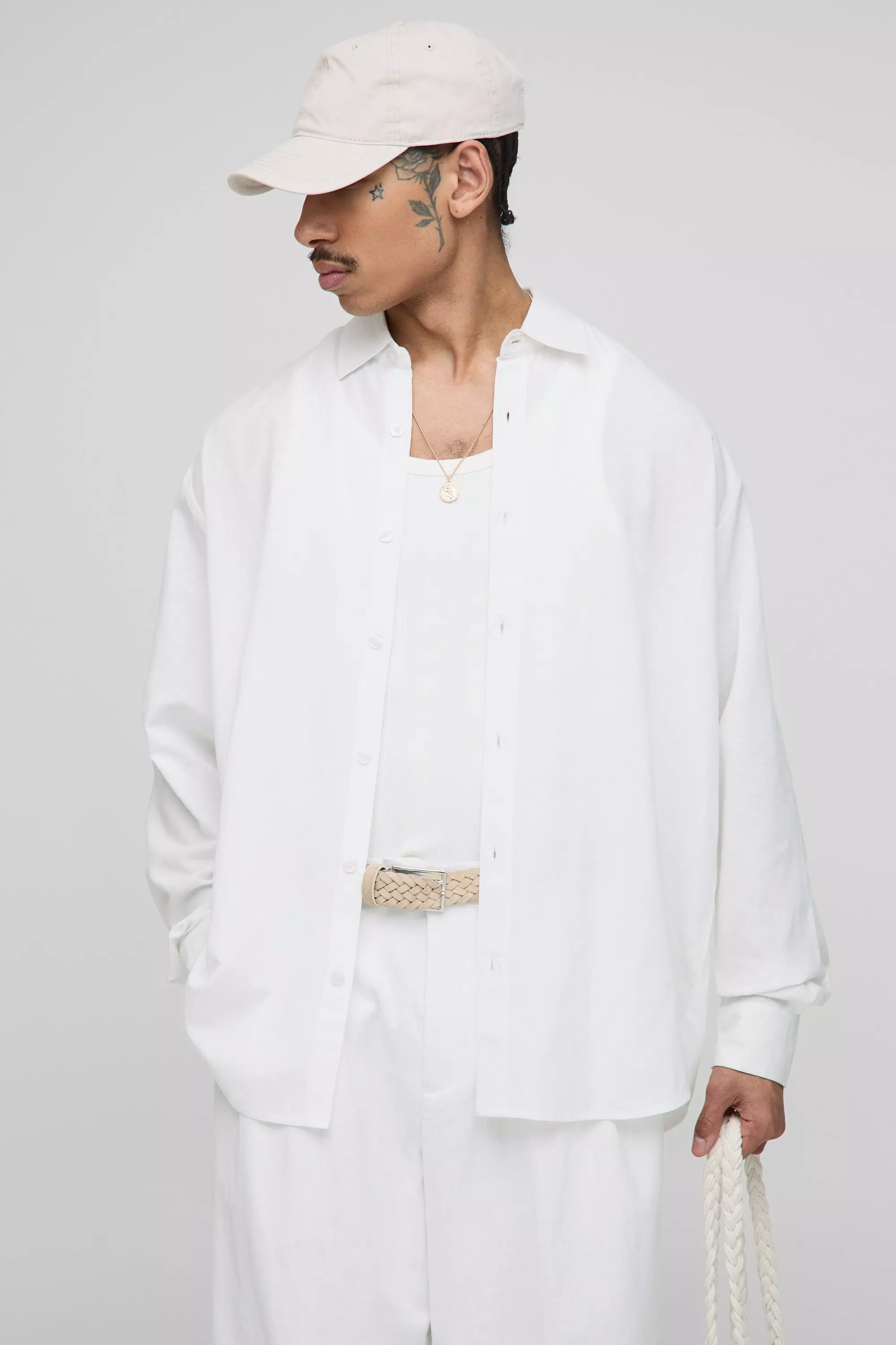 Super Oversized Linen Blend Pleated Back Shirt & Baggy Trouser | boohooMAN USA