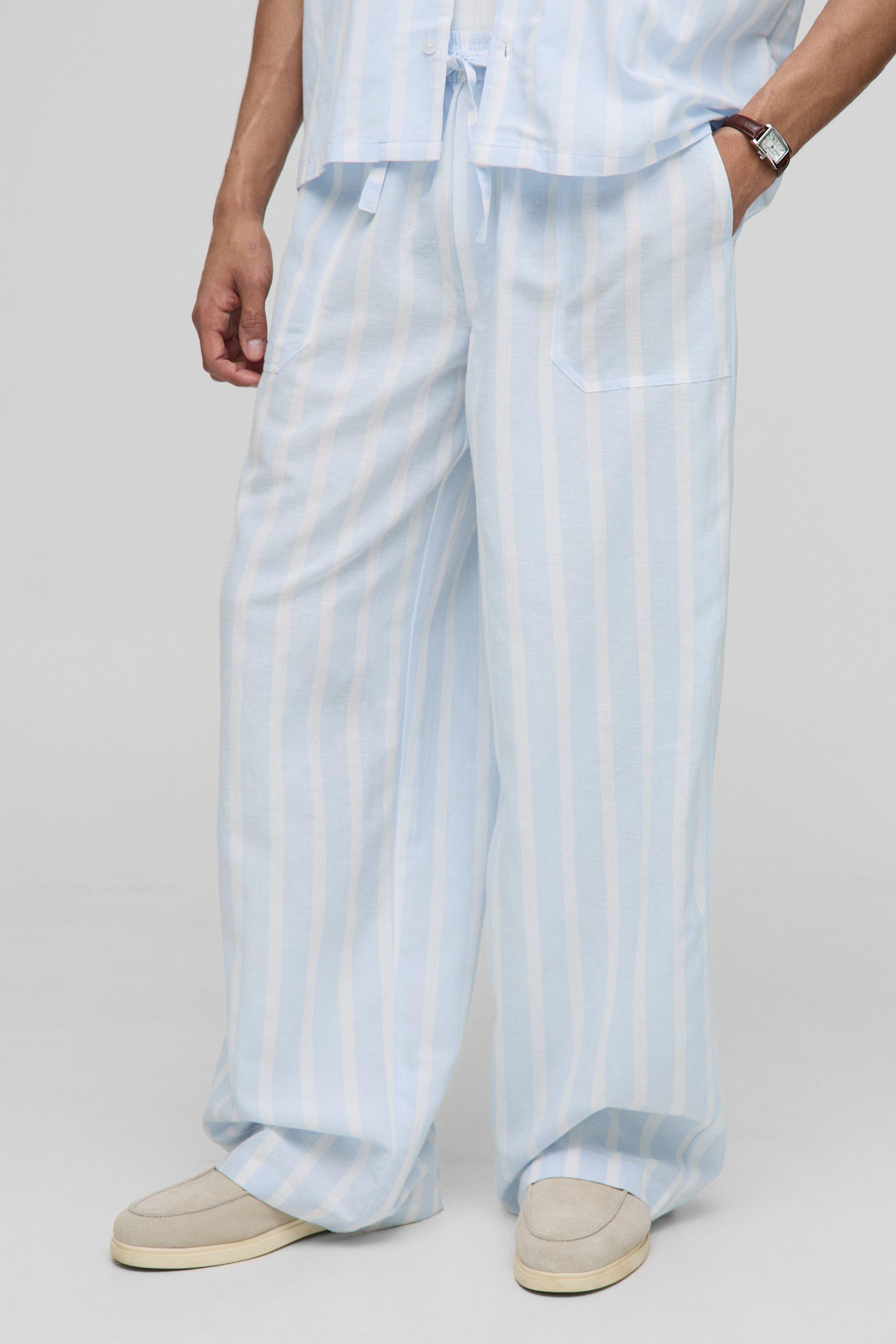 Baggy Fit Linen Look Stripe Elasticated Waist Pants | boohooMAN USA