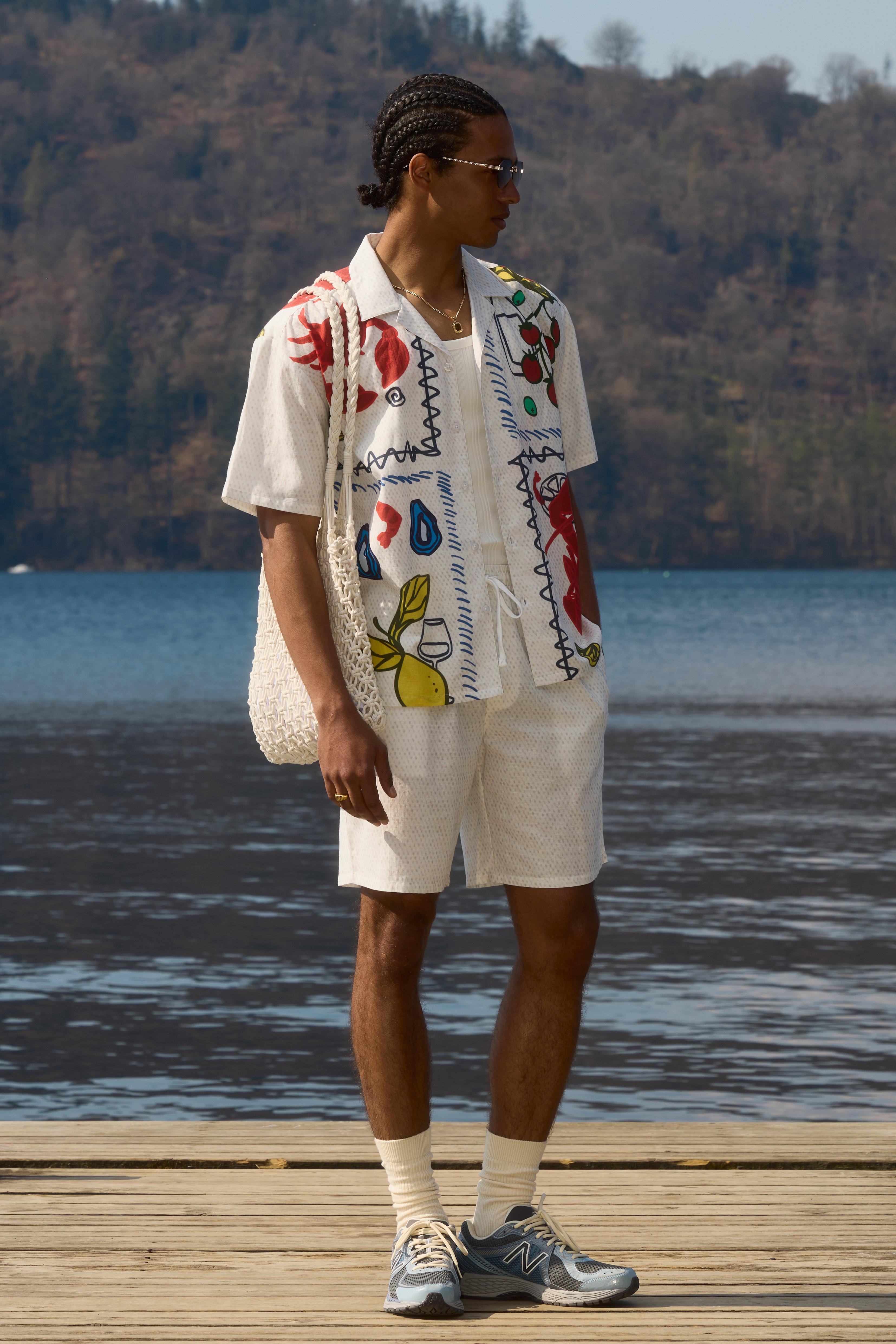 Oversized Linen Blend Conversational Printed Shirt & Short Set | boohooMAN USA