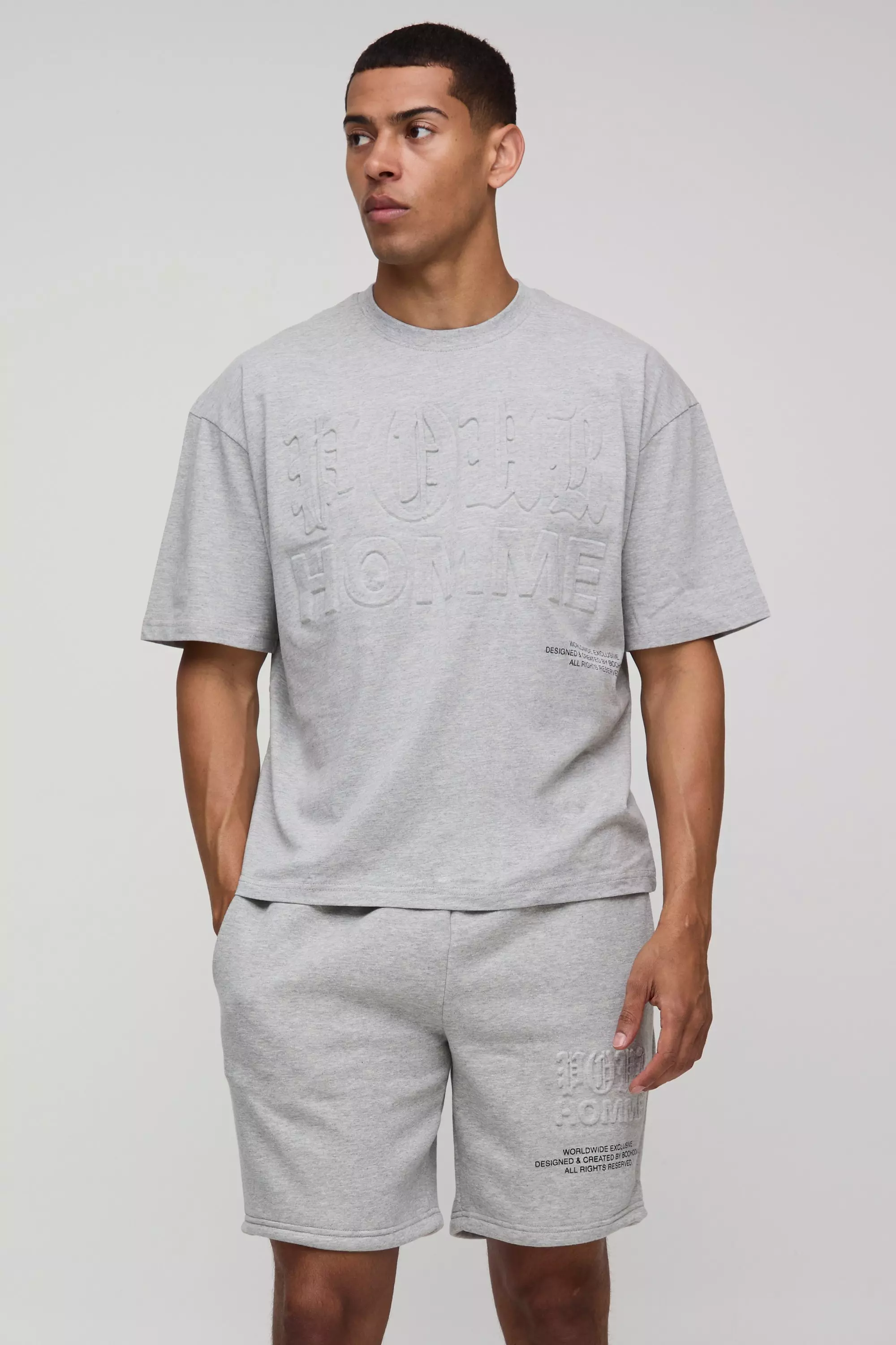 Oversized Boxy Homme Printed Embossed T-Shirt & Short Set Grey marl