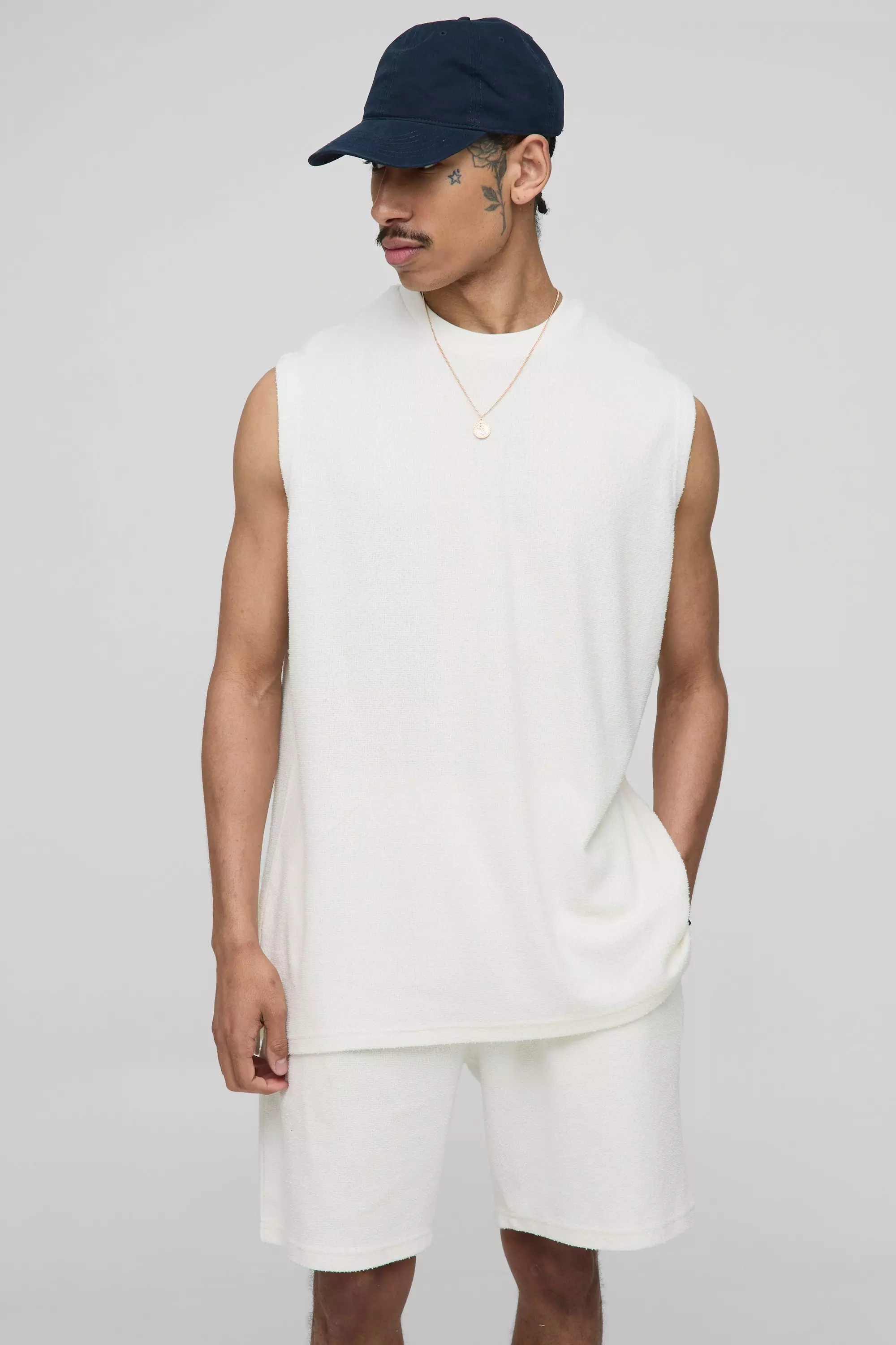 Oversized Textured Jersey Tank & Short Set ecru marl