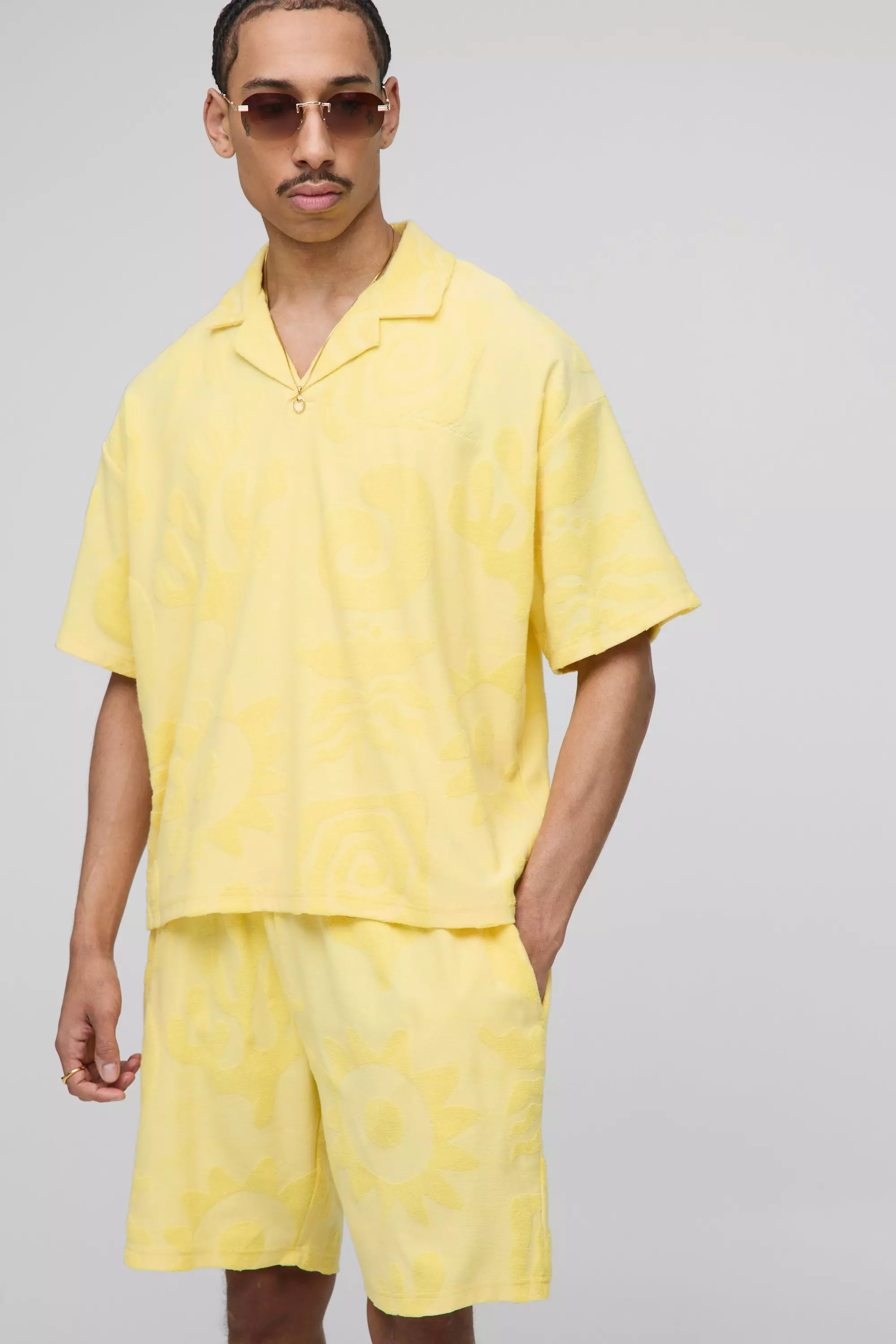 Oversized Boxy Jacquard Towelling Polo & Short Set Yellow