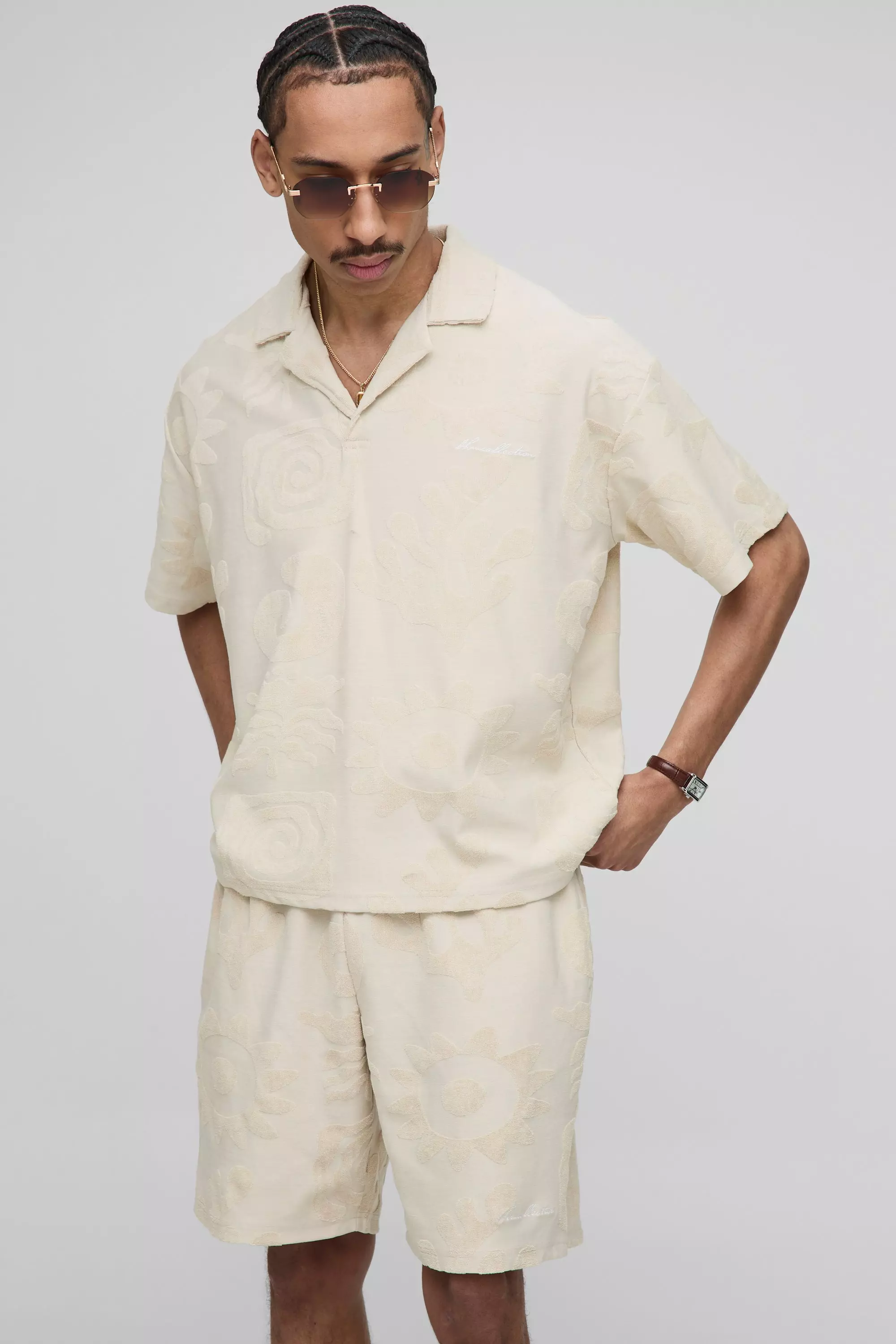 Oversized Boxy Jacquard Towelling Polo & Short Set Stone