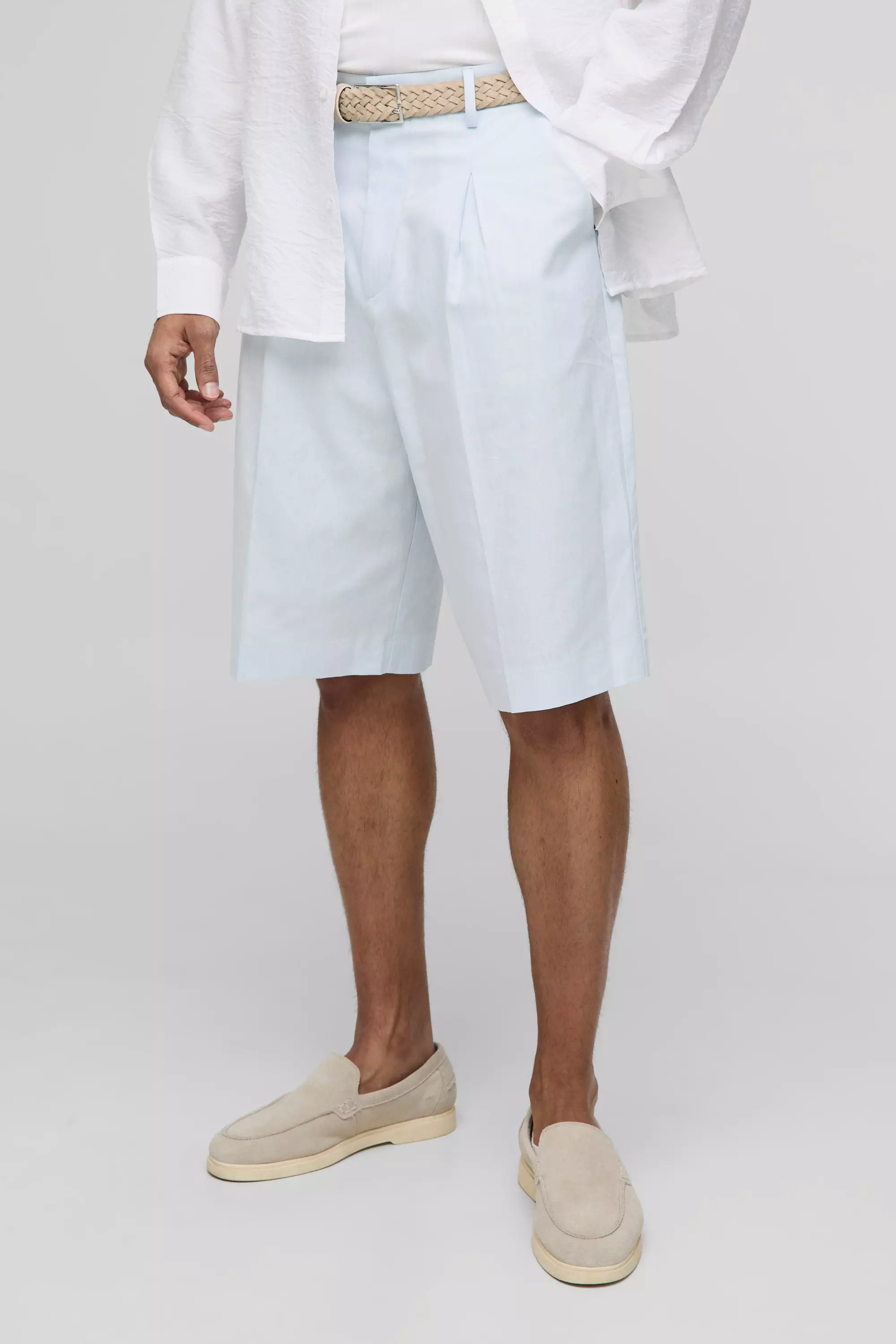 Relaxed Fit Linen Blend Pleat Front Fixed Waistband Tailored Shorts Light blue