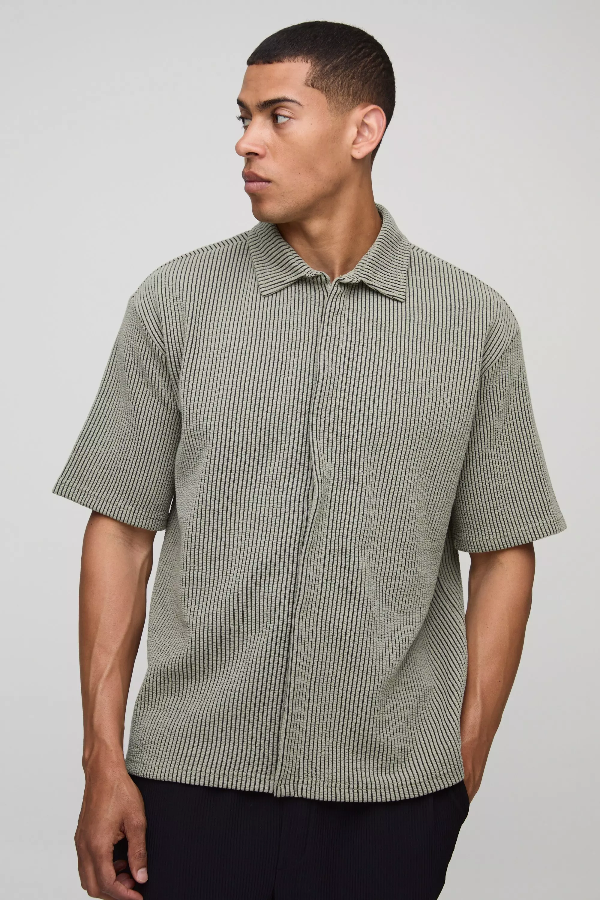 Oversized Two-Tone Ribbed Jersey Shirt Stone