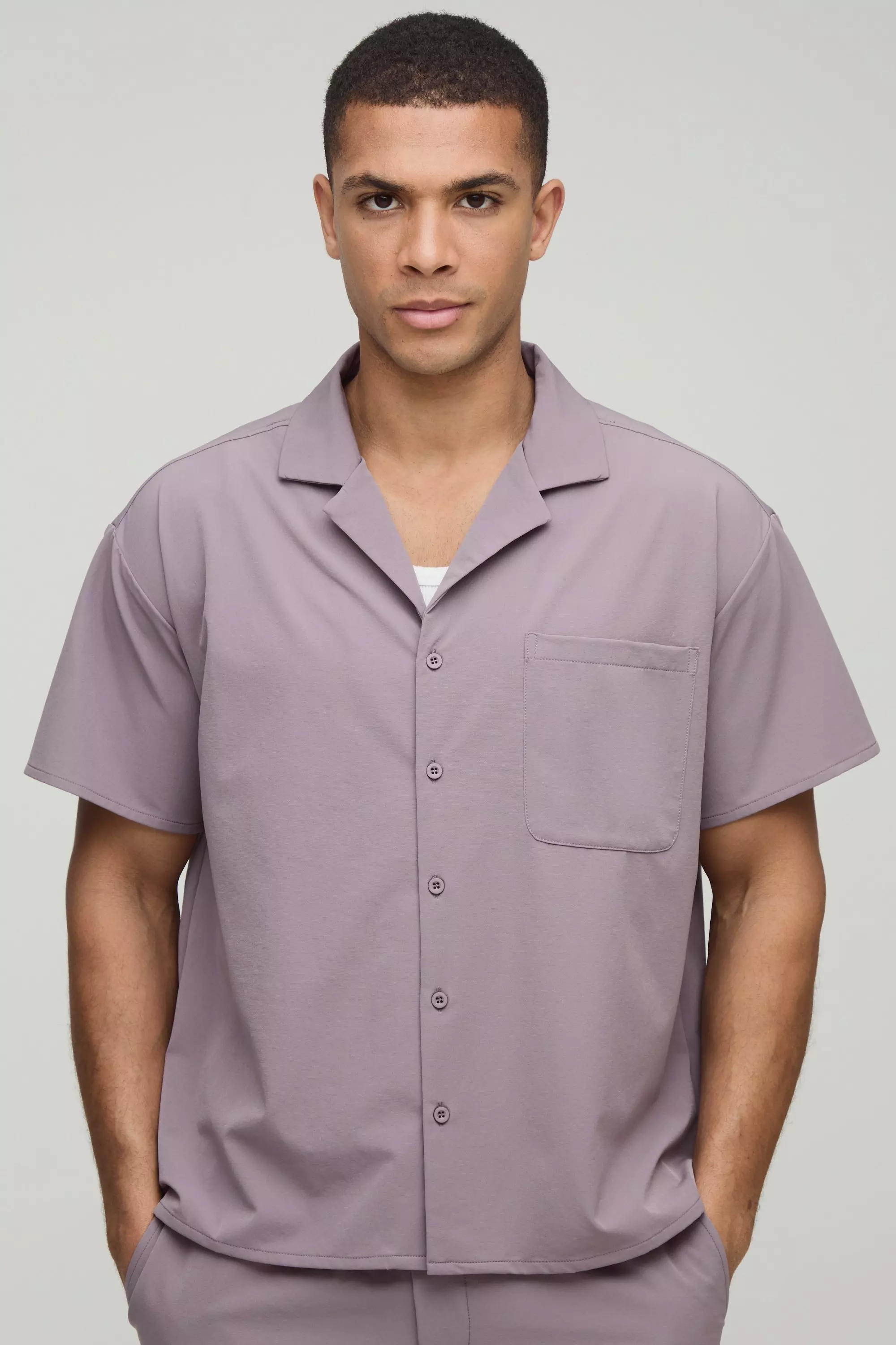Kurzärmliges kastiges Stretch-Hemd, Mauve alternatives Bild