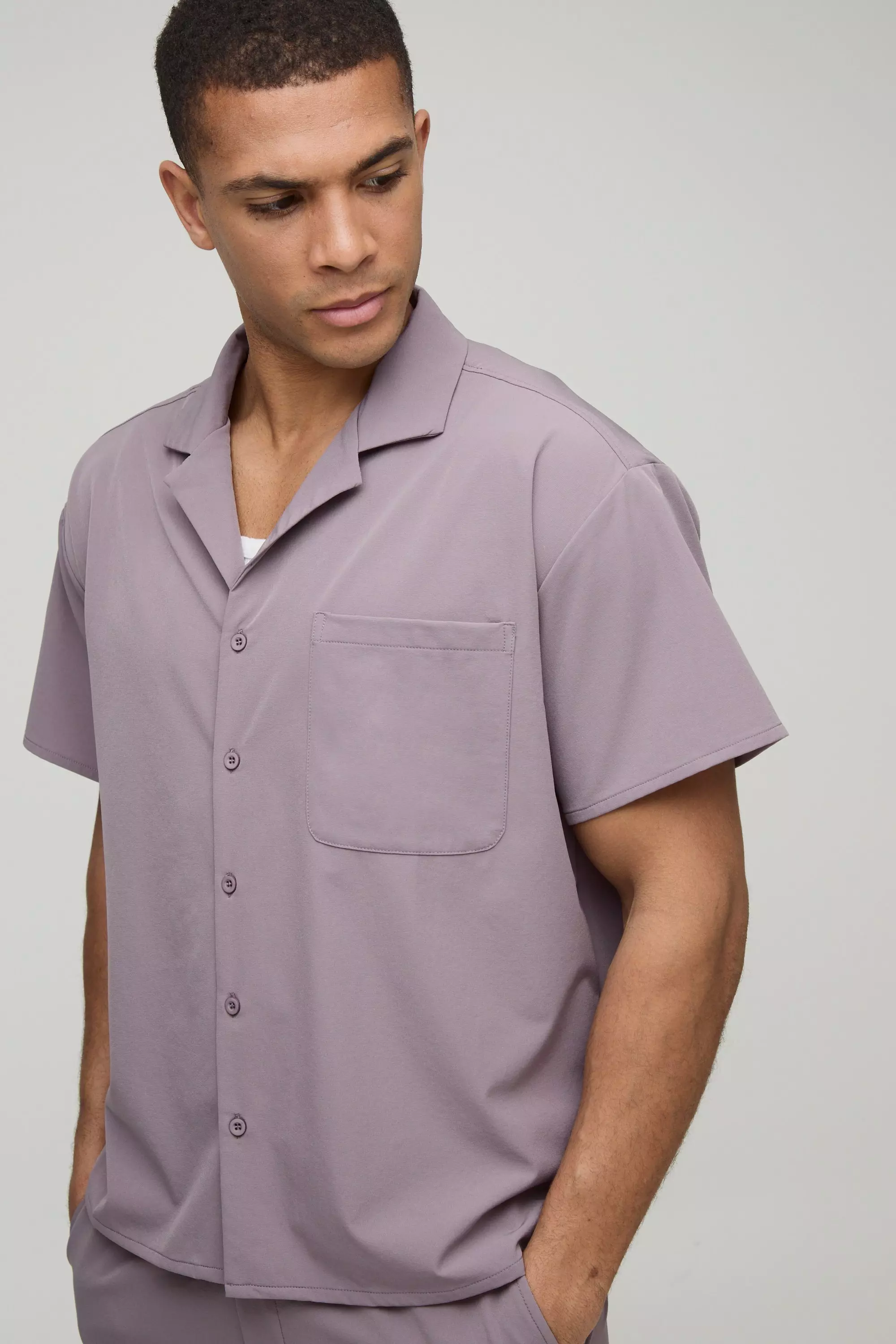 Kurzärmliges kastiges Stretch-Hemd, Mauve alternatives Bild