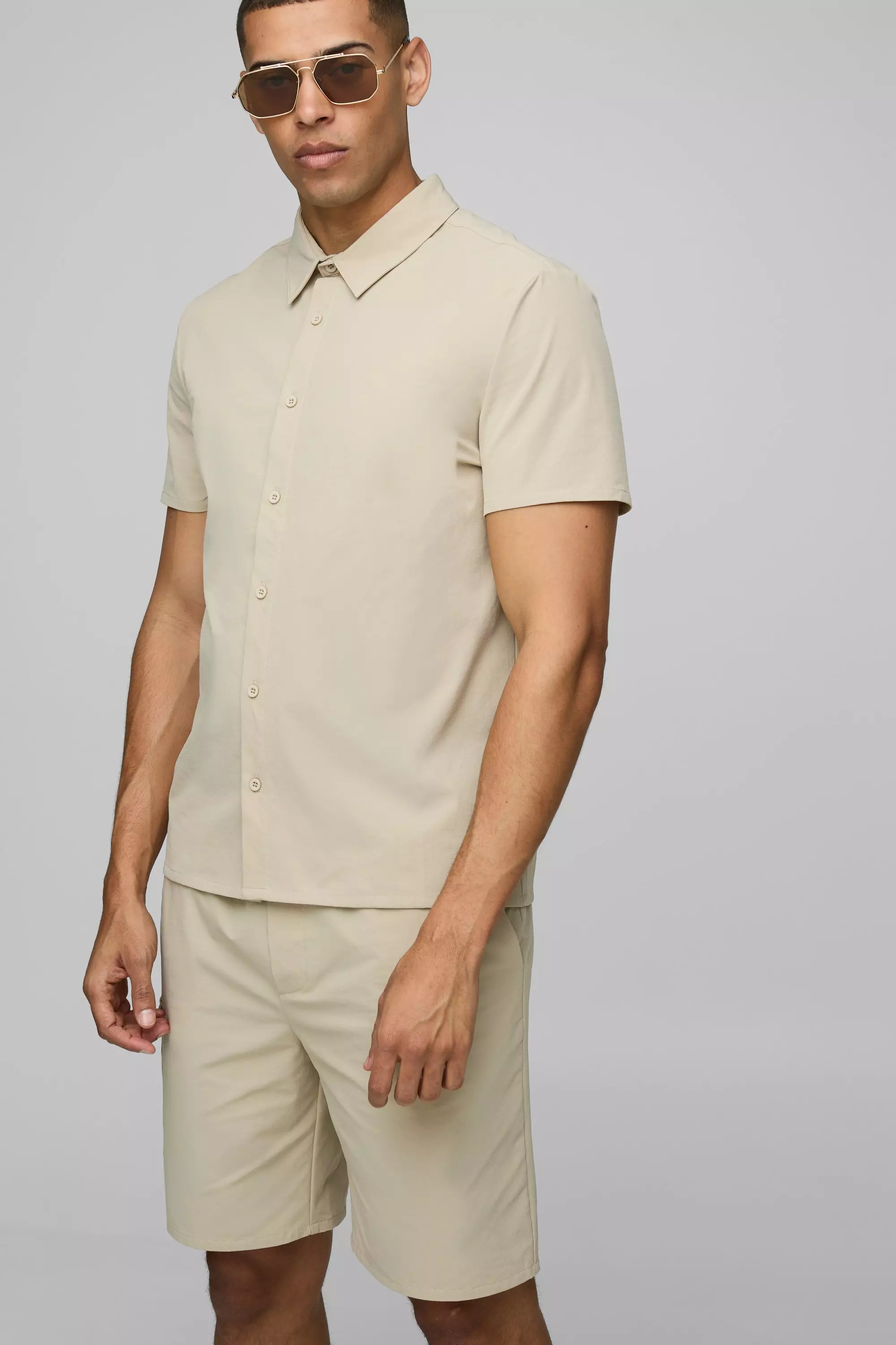 Regular Fit Technical Stretch Shirt & Comfort Short Set Stone