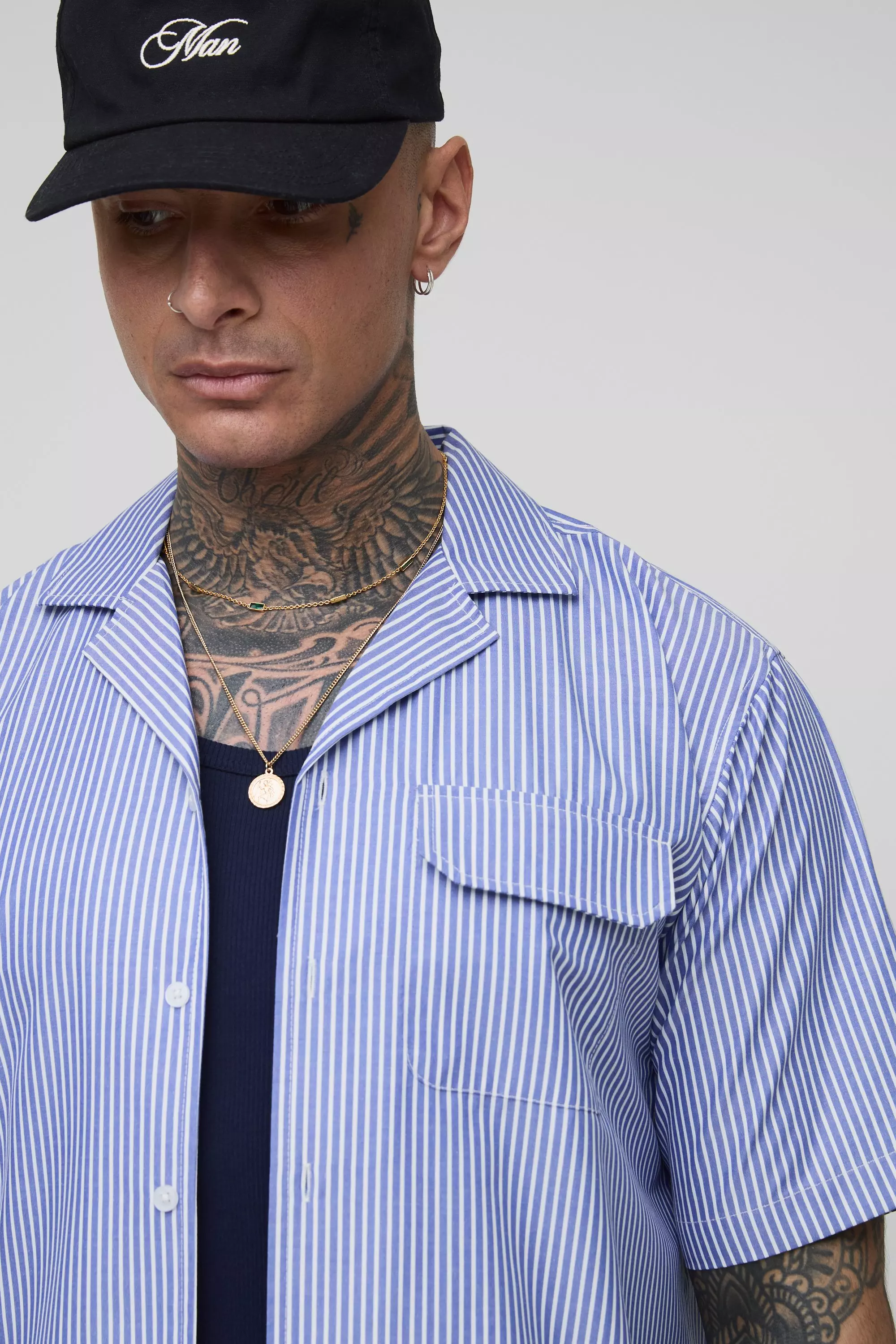 Tall Poplin Stripe Boxy Oversized Shirt | boohooMAN USA
