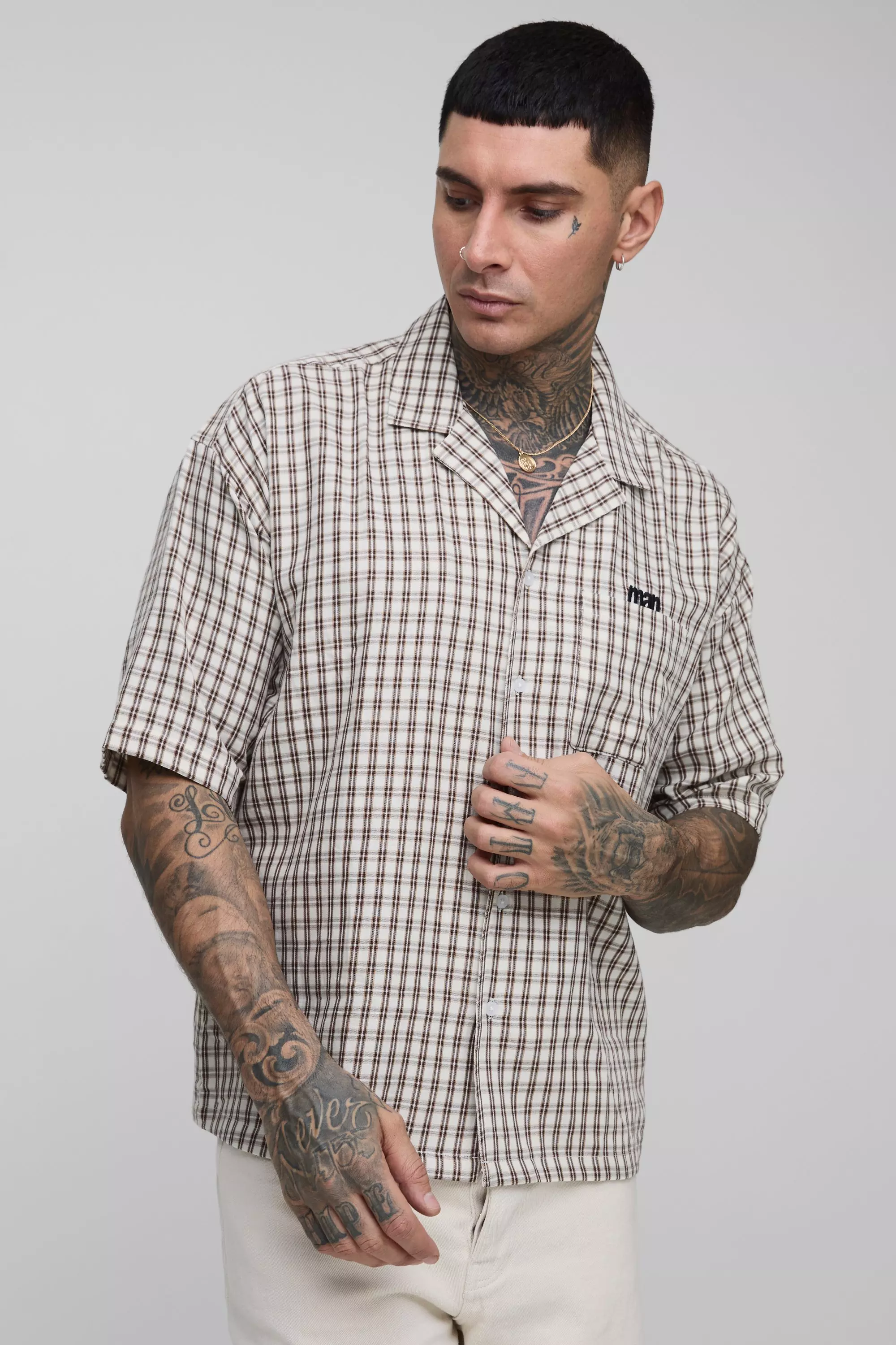 Ecru Tall Check Man Embroidered Boxy Oversized Shirt alternative image