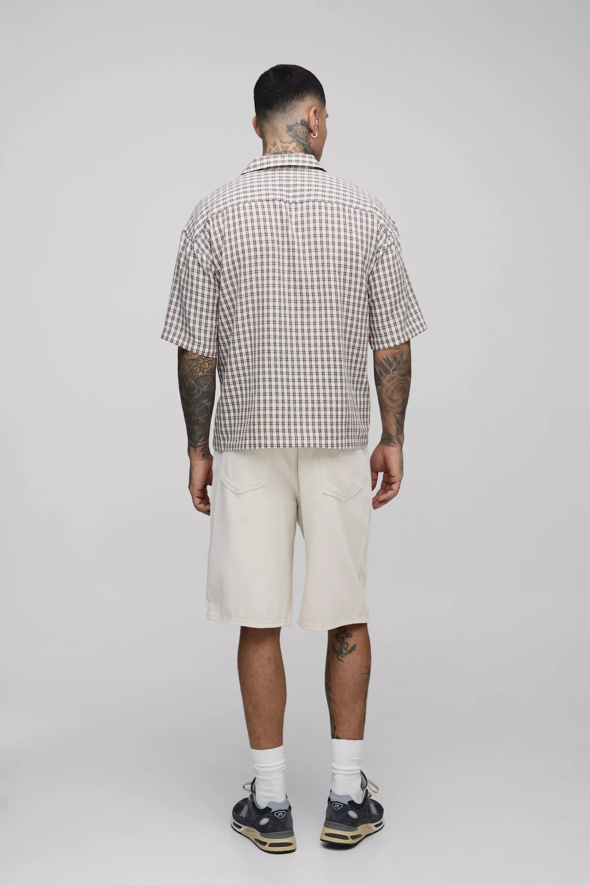 Ecru Tall Check Man Embroidered Boxy Oversized Shirt alternative image