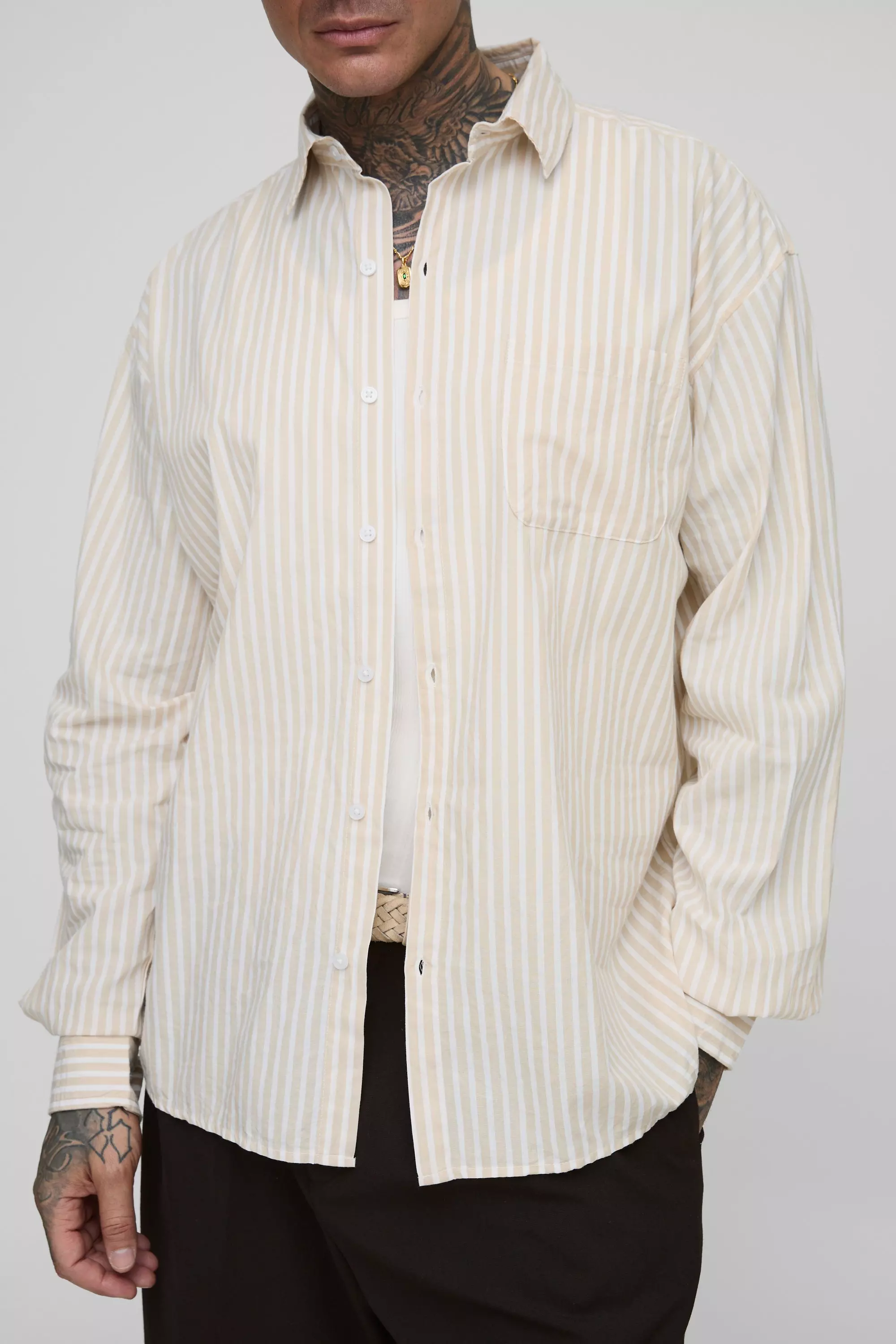 Taupe Tall Stripe Oversized Long Sleeve Shirt alternative image