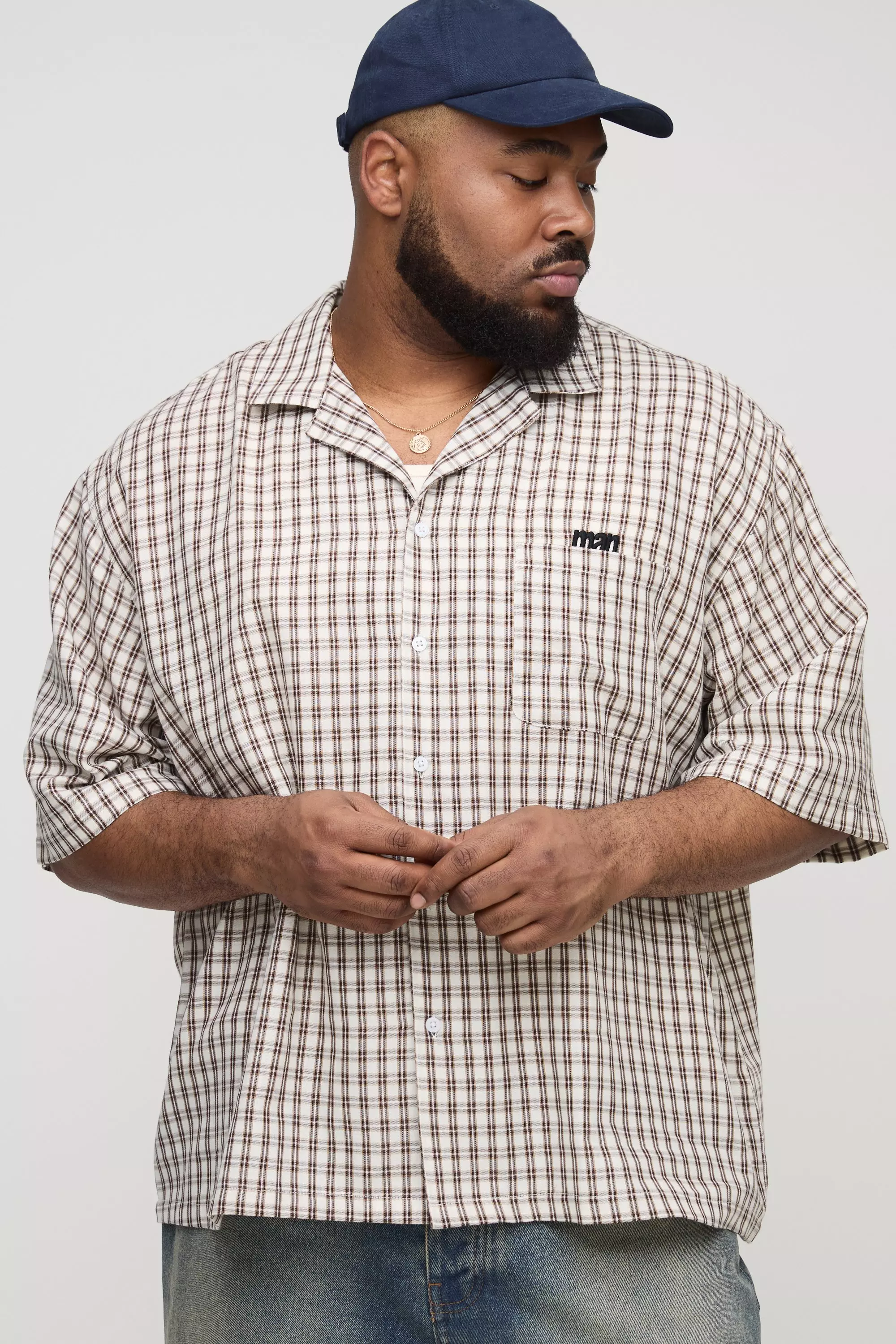 Ecru Plus Check Man Embroidered Boxy Oversized Shirt alternative image