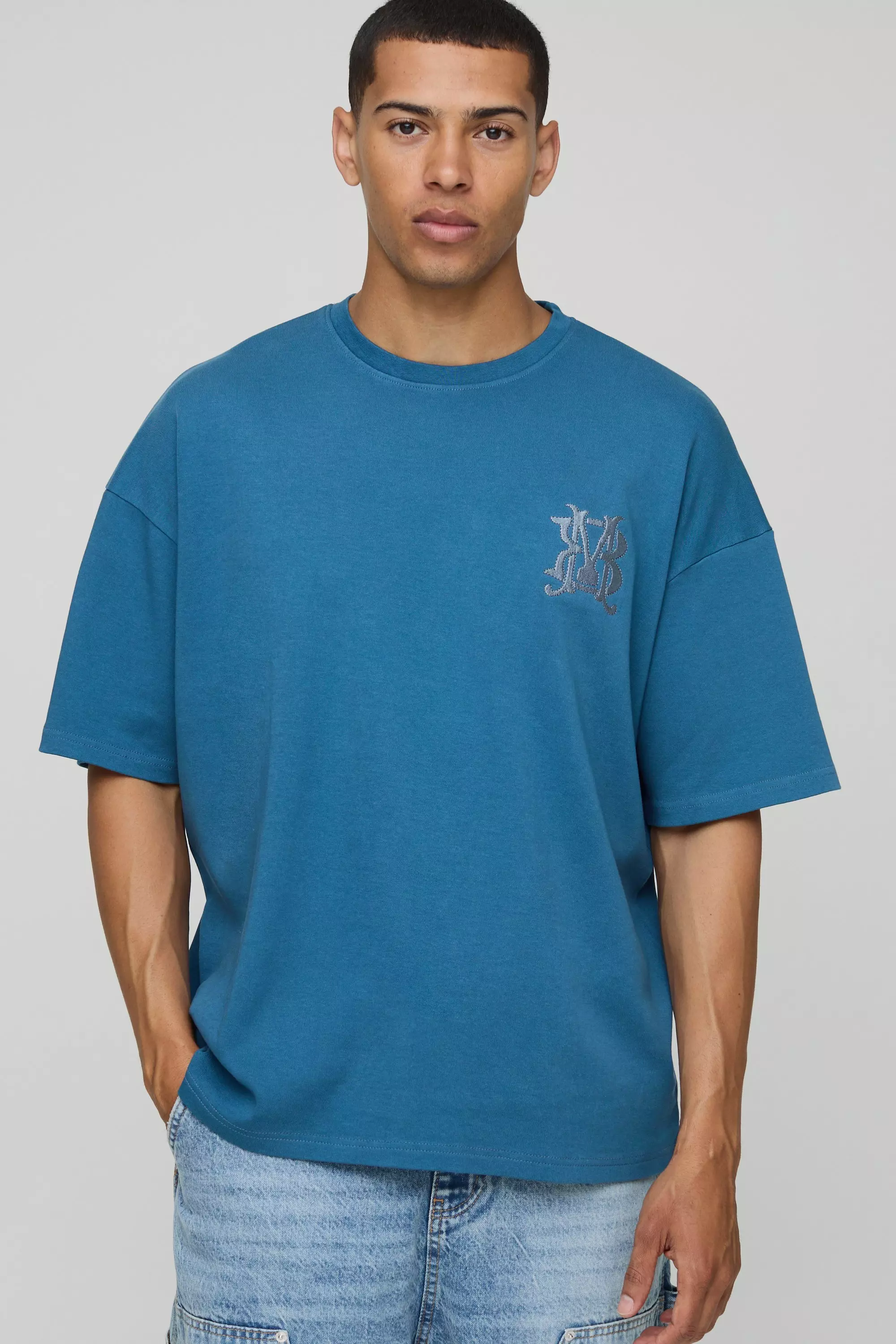 Regular Fit Interlock Embroidered Acid Wash T-Shirt Teal