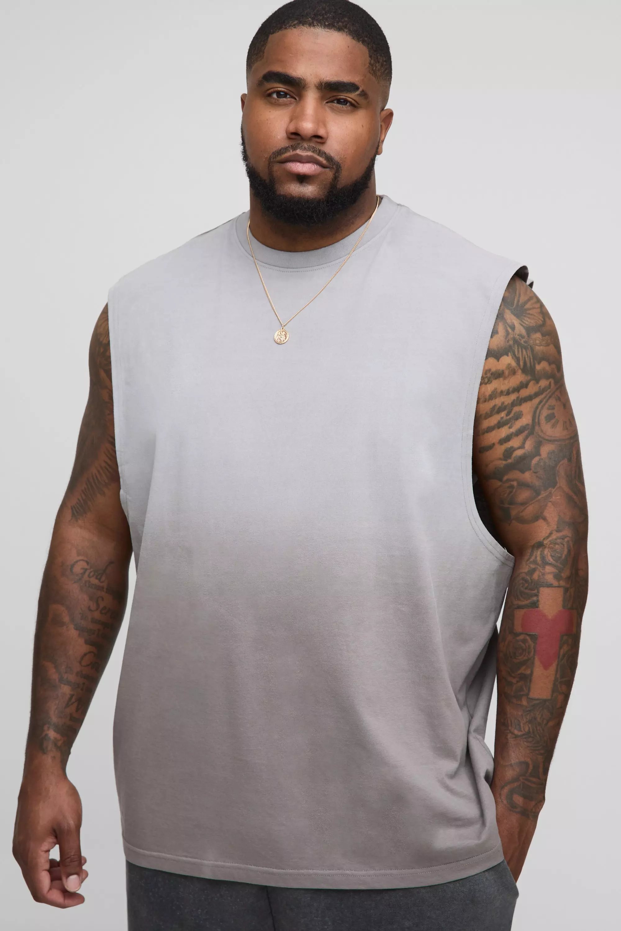 Plus Regular Fit Drop Armhole Spray Wash Tank Grey