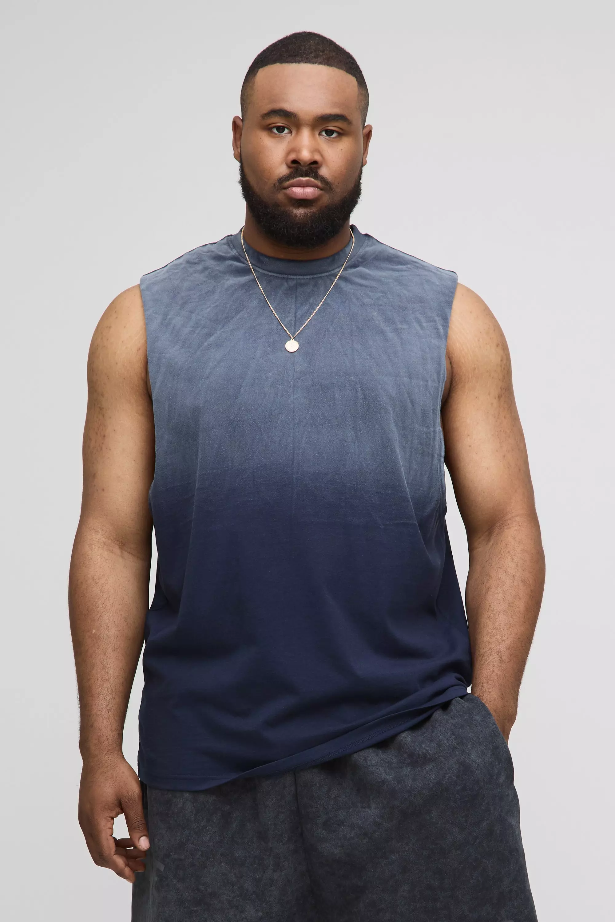 Plus Regular Fit Drop Armhole Spray Wash Tank Navy