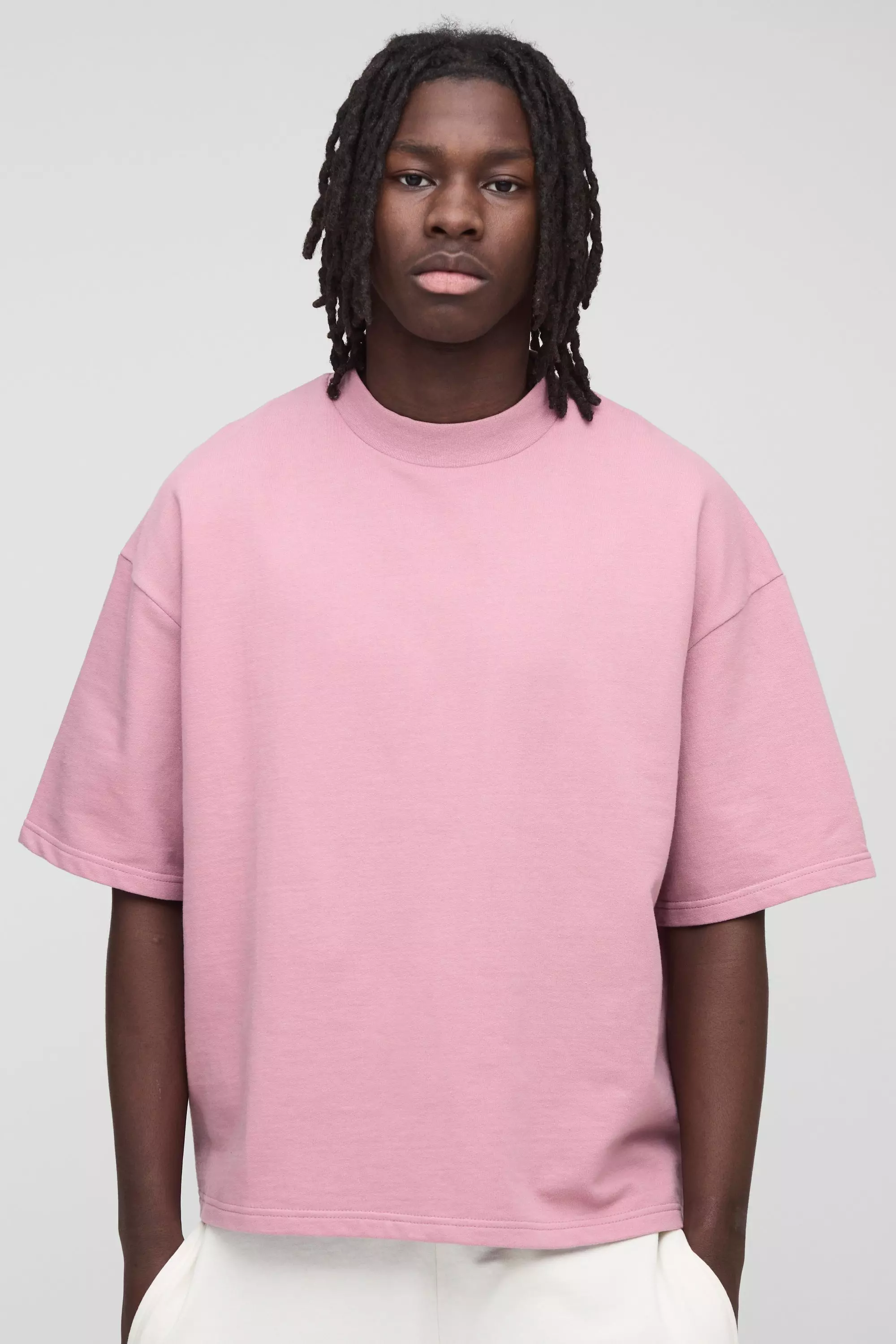 Pink Oversized Boxy Extended Neck Heavyweight T-Shirt