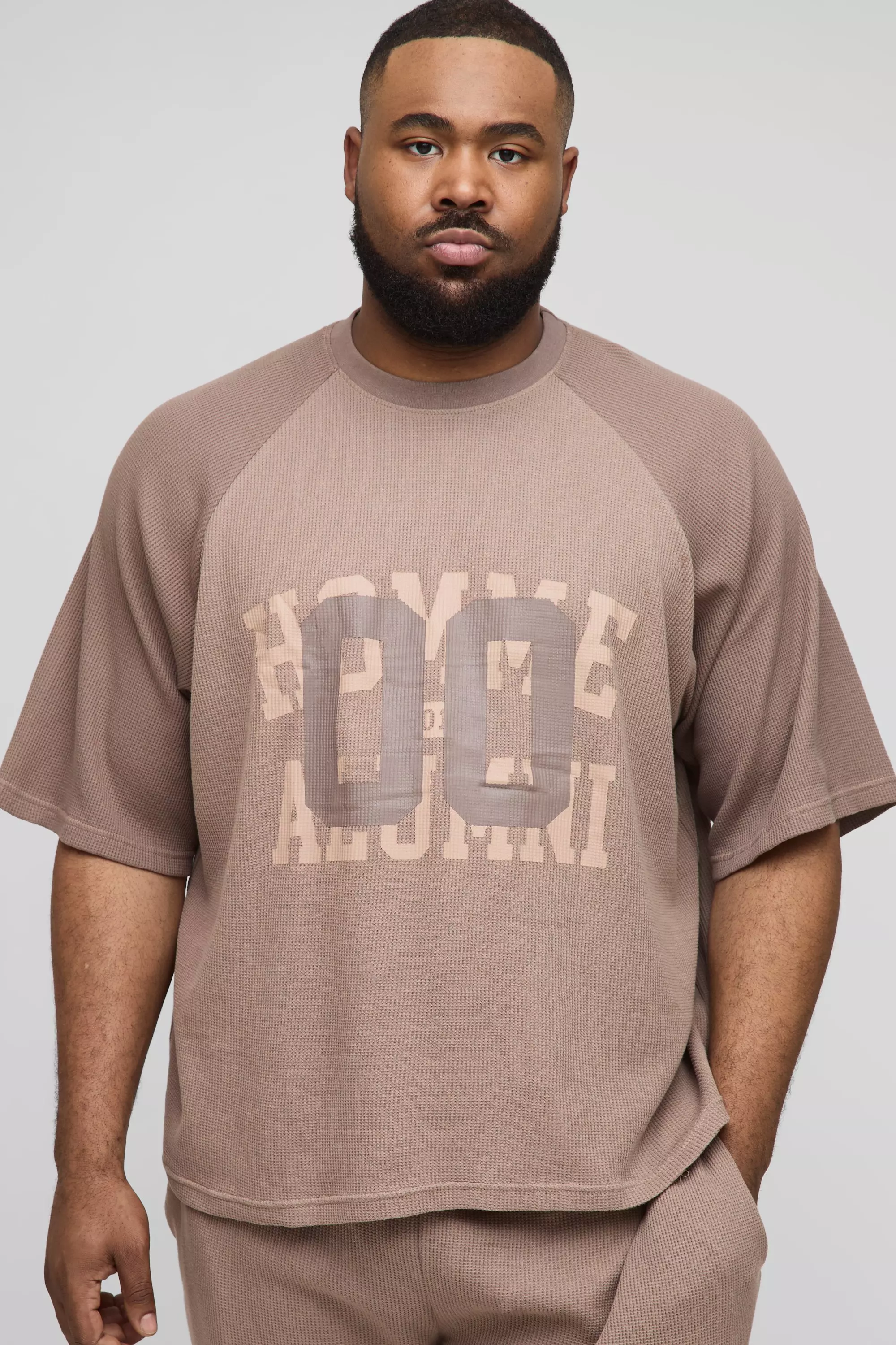 Plus Oversized Boxy Raglan Waffle Graphic T-Shirt | boohooMAN USA
