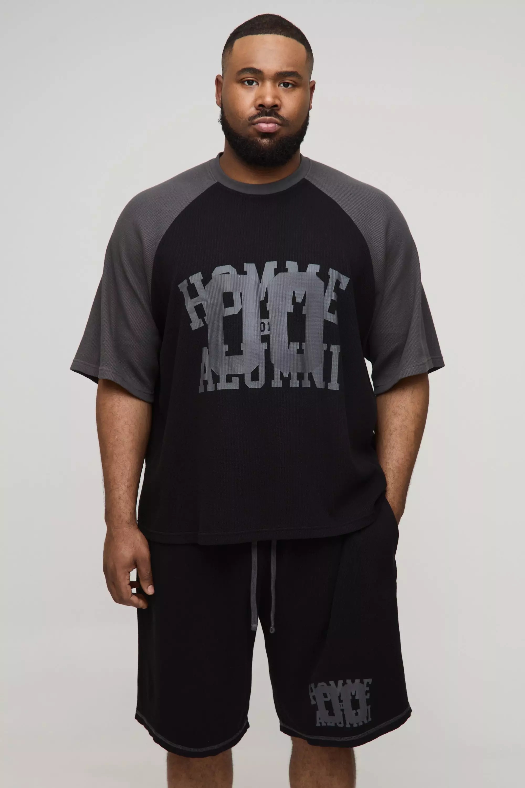Plus Oversized Boxy Raglan Waffle Graphic T-Shirt & Short Set | boohooMAN USA