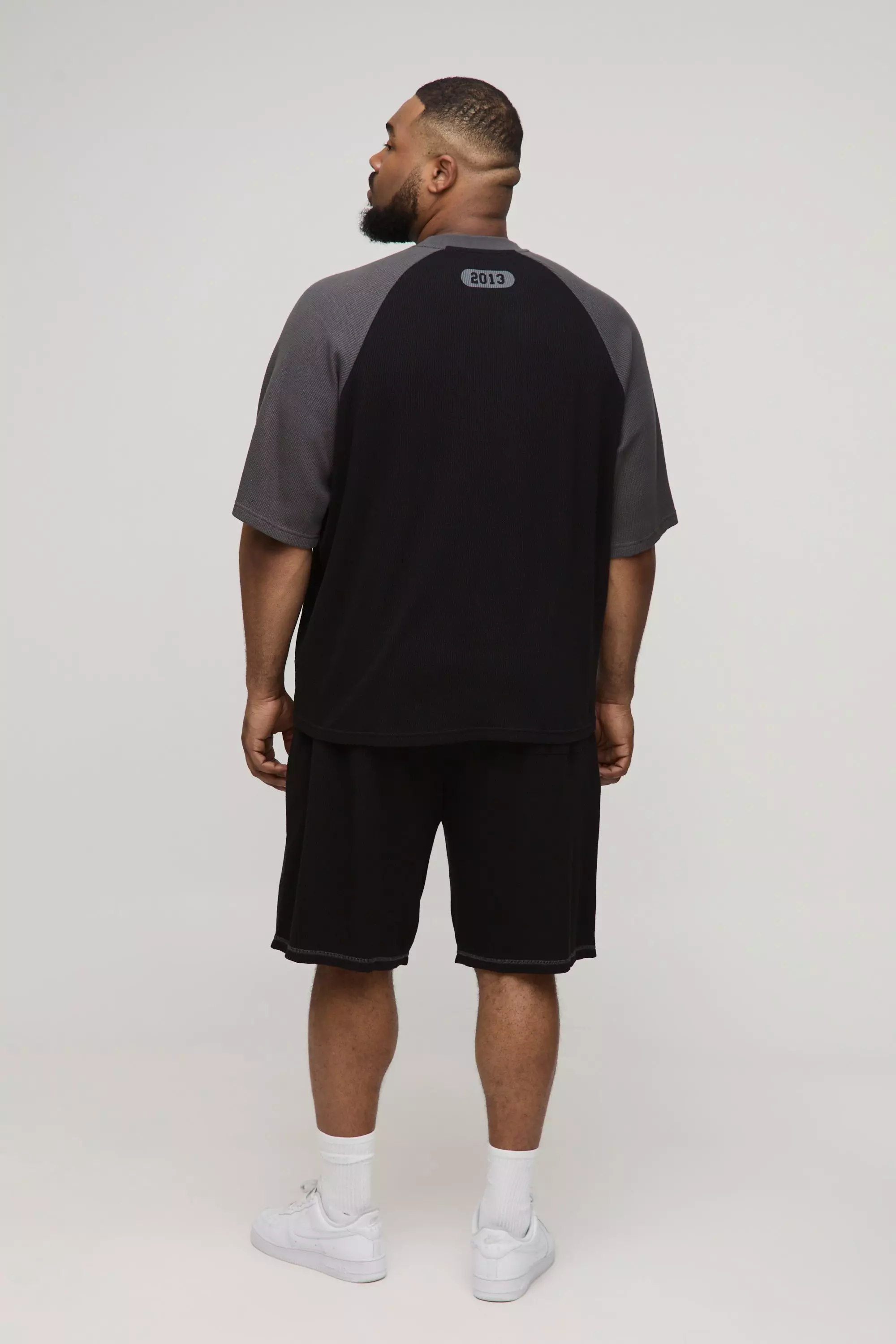Plus Oversized Boxy Raglan Waffle Graphic T-Shirt & Short Set | boohooMAN USA