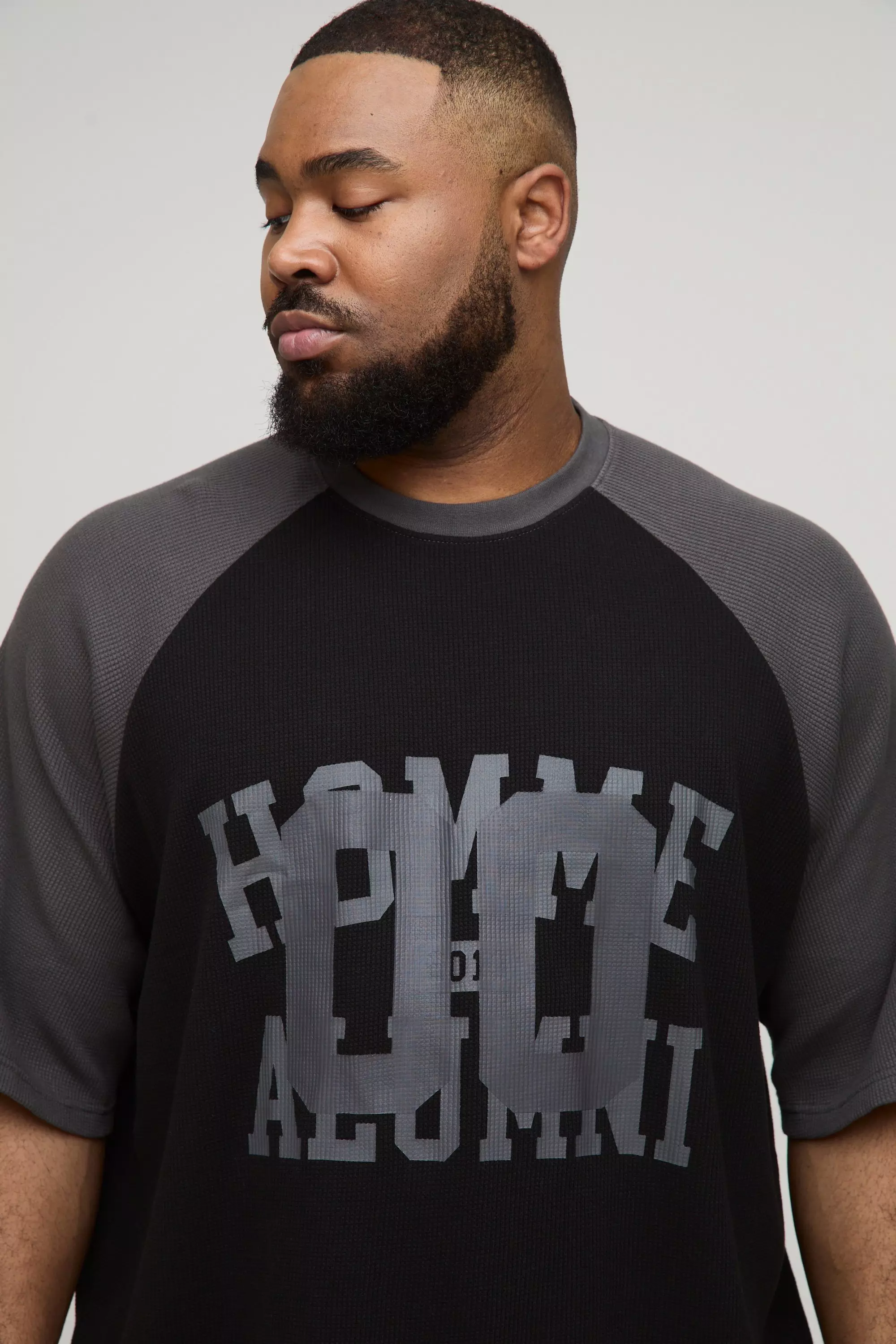 Plus Oversized Boxy Raglan Waffle Graphic T-Shirt & Short Set | boohooMAN USA