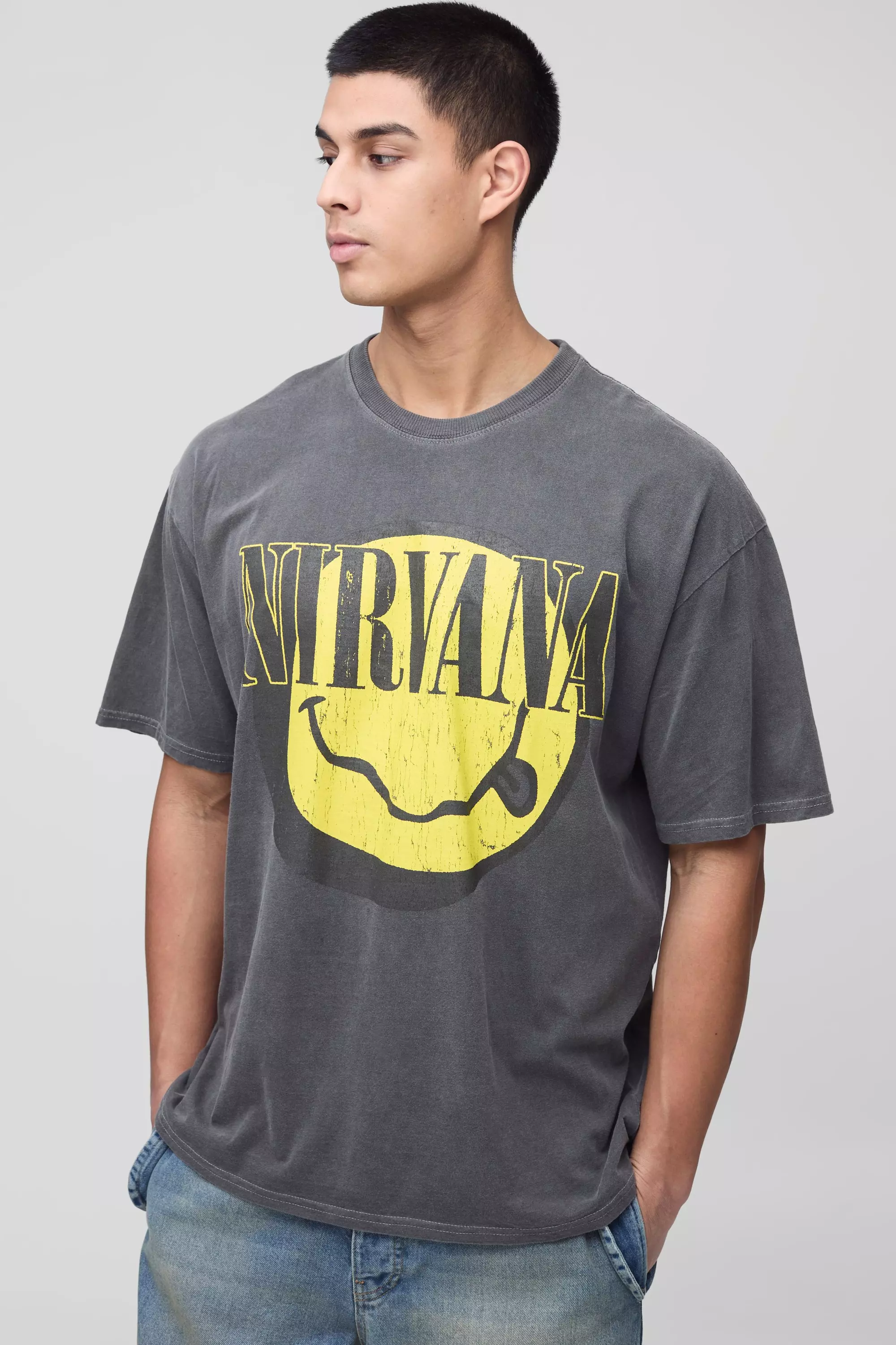 Tall Oversized Boxy Nirvana License Washed Print T-Shirt Charcoal