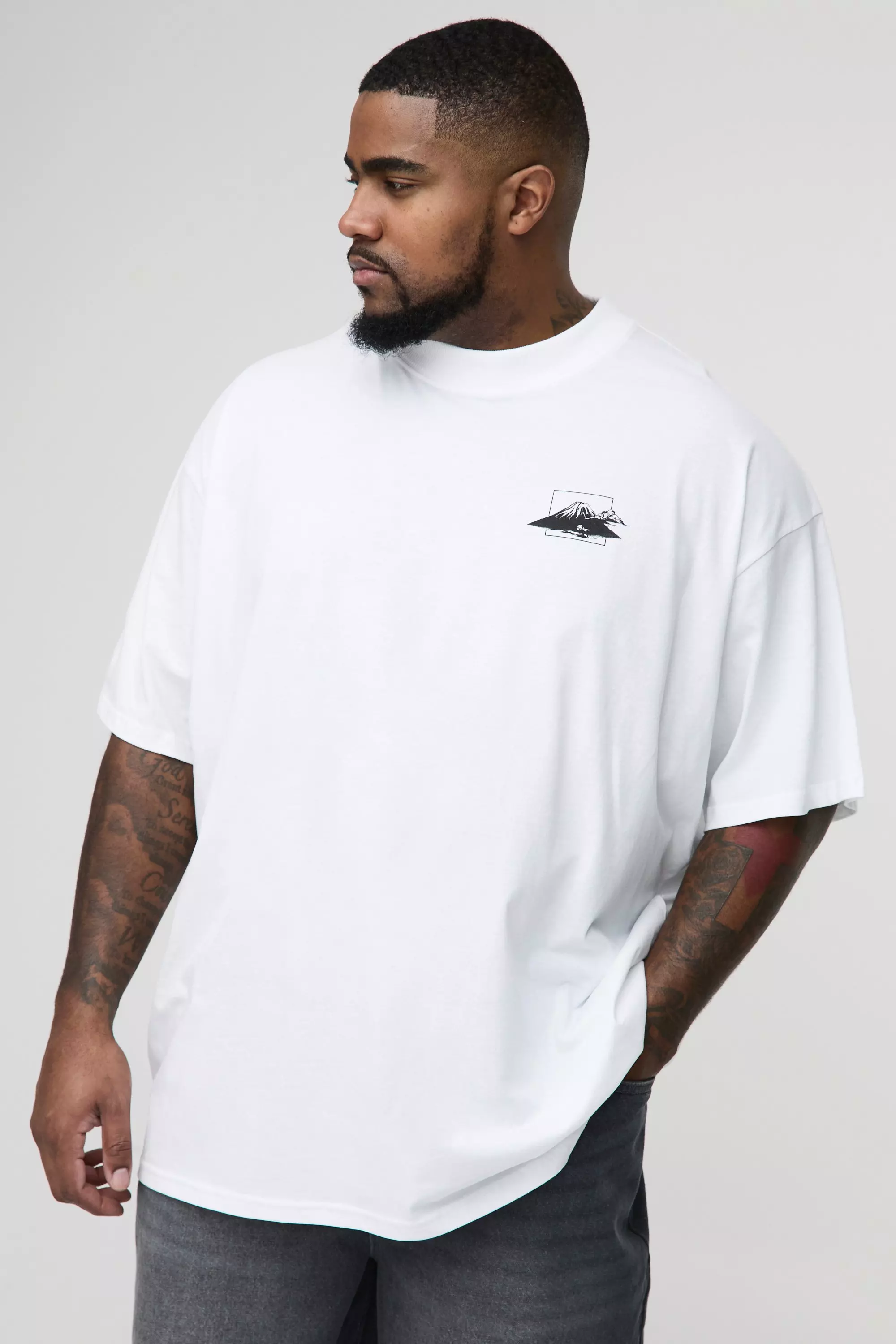 Plus Oversized Extended Neck Volcano Landscape Graphic T-shirt | boohooMAN USA