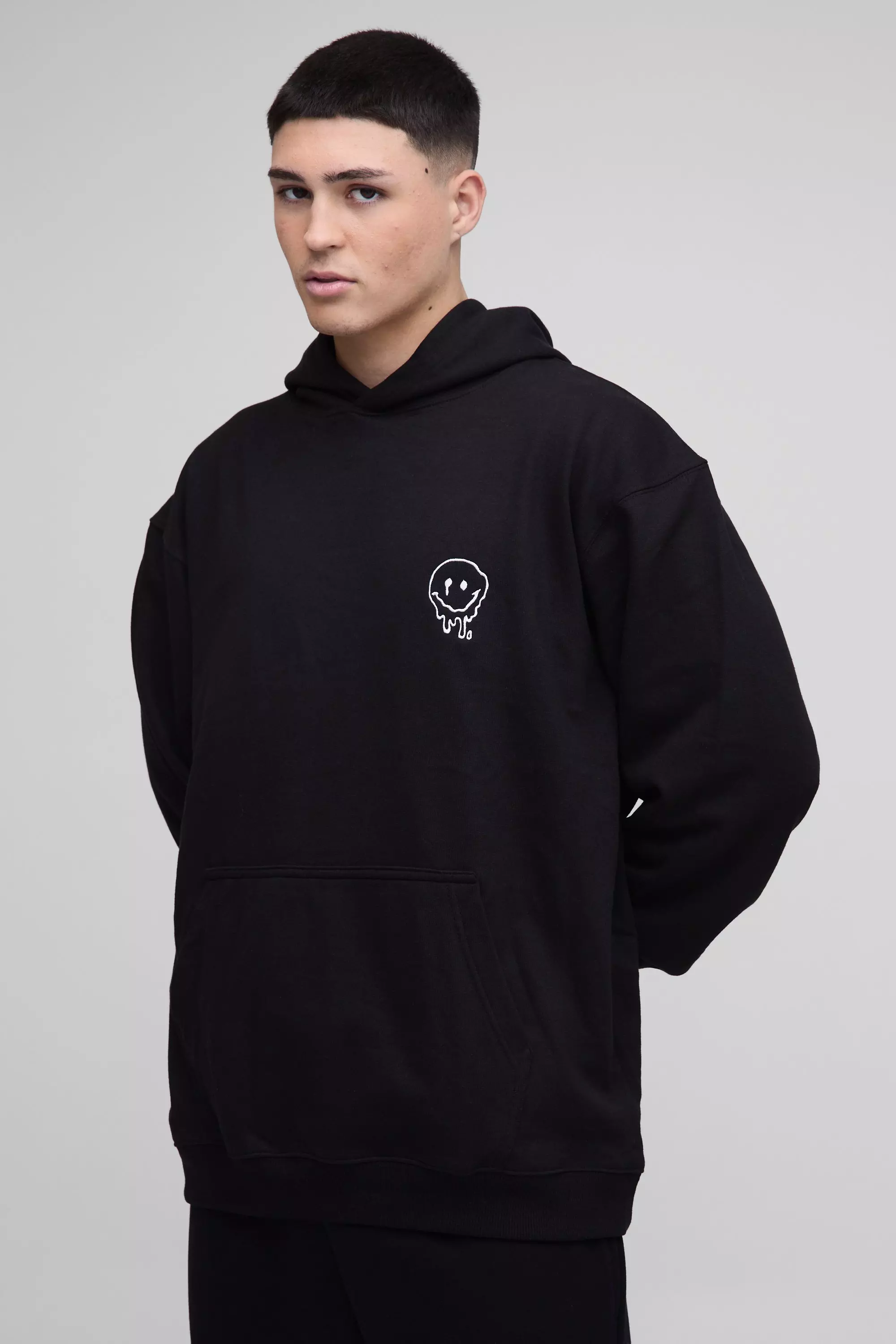 Black Oversized Drip Face Embroidered Hoodie alternative image